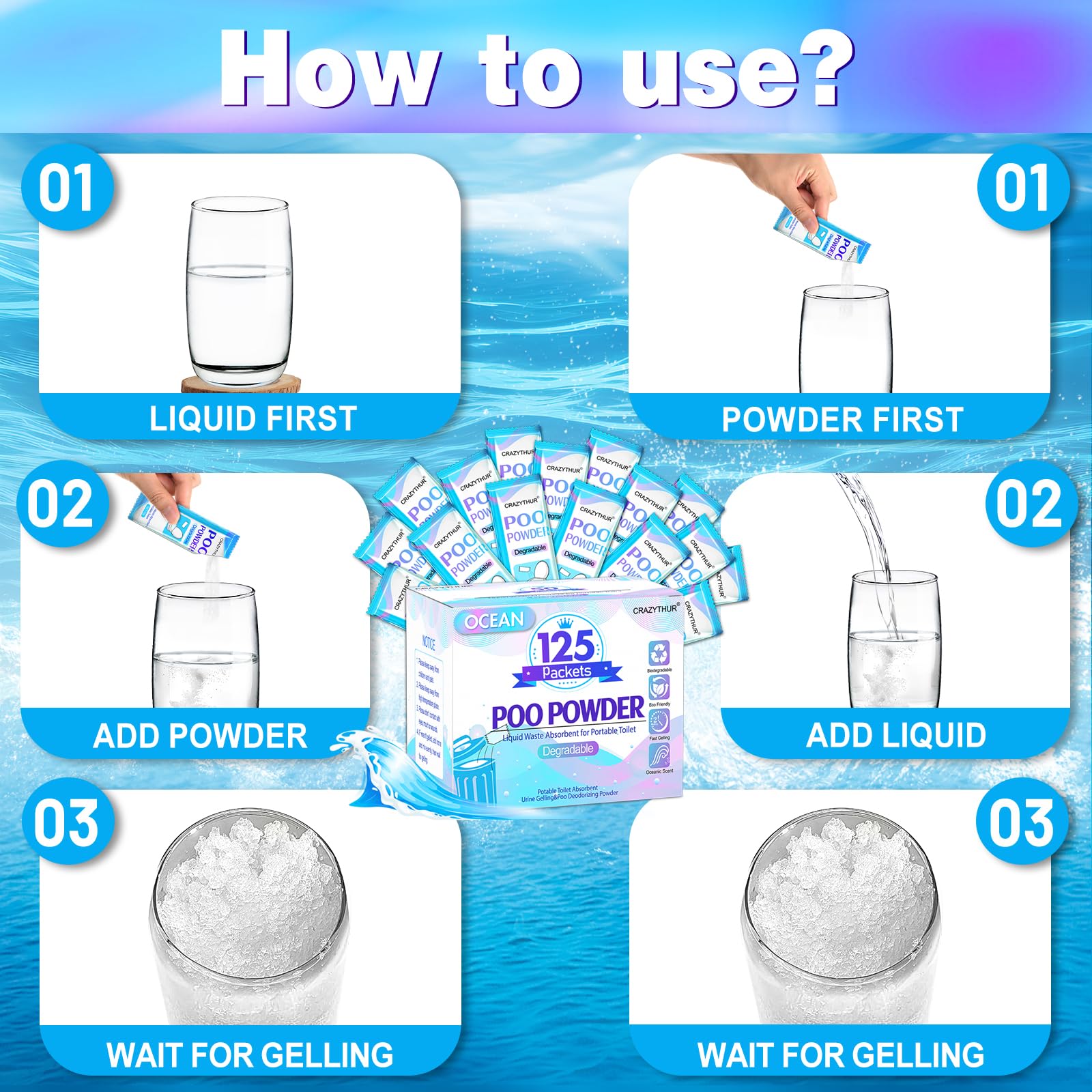 Poo Powder for Portable Toilet Gel Powder, Camping Toilet Gel 125PCS