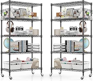 Himimi Regal mit Rollen, 2 pcs, Metallregal auf Rollen, Höhenverstellbar, Lagerregal Stehend mit 5 Regalböden und Haken, Standregal Rollregal für Küche Speisekammer Keller, 35T x 76B x 158H cm,Schwarz