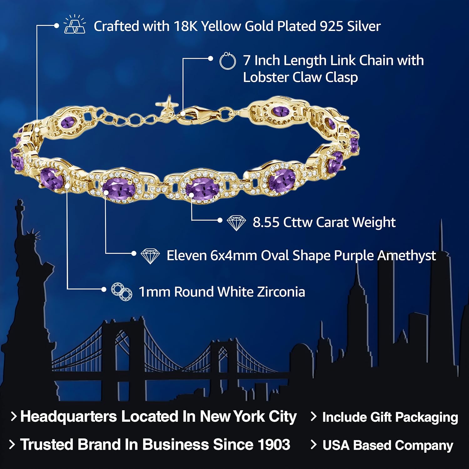 Gem Stone King 18K Yellow Gold Plated Silver Oval Gemstone Birthstone Tennis Bracelet For Women | Oval 6X4MM | 7 Inch With 1 Inch Extender | Fine Jewelry Gifts for Her Mom Women Wife - Image 2
