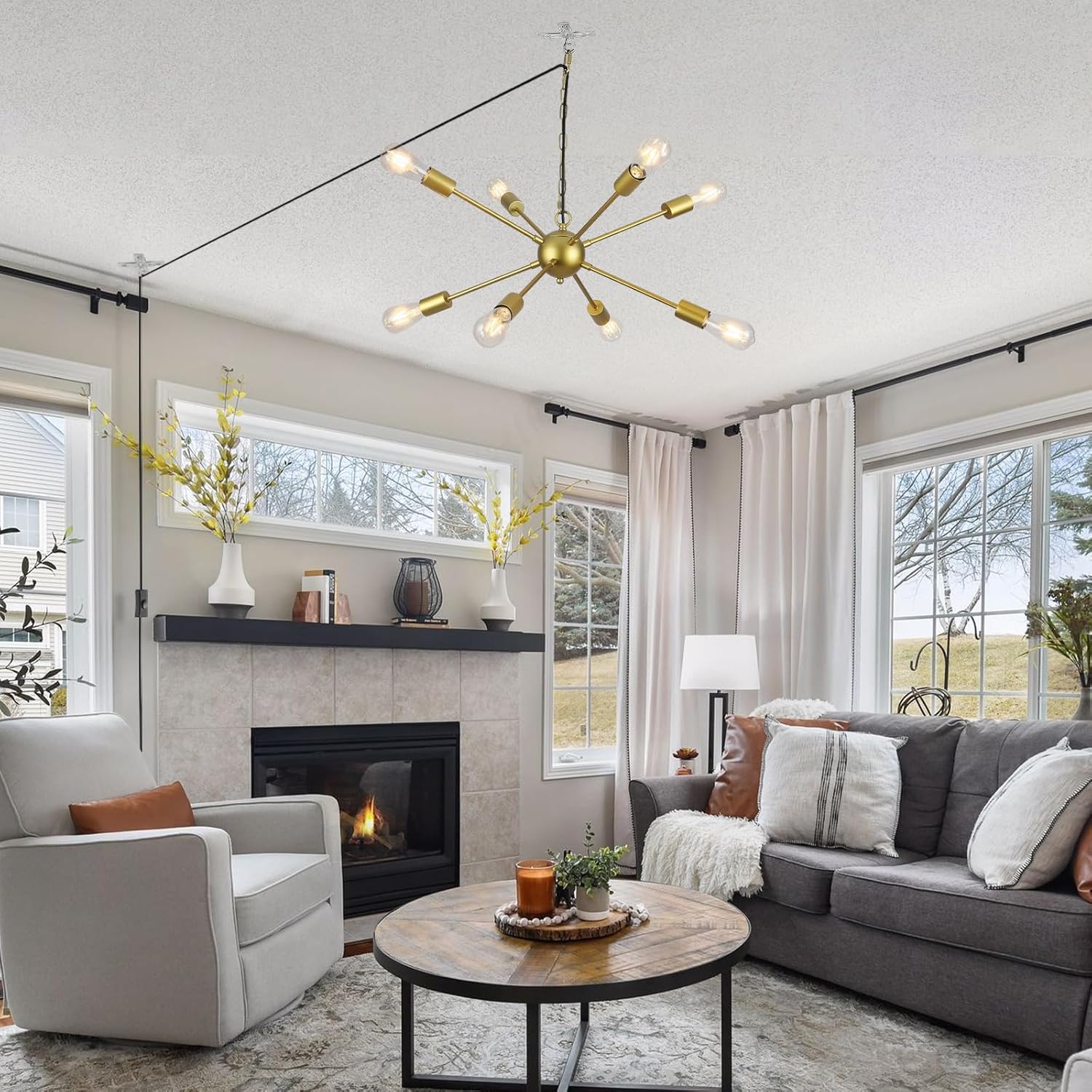 Plug in Sputnik Chandelier with Long Cord, 8-Lights Gold Hanging Lights with Plug in Cord 15.7Ft and On/Off Switch, Modern Pendant Hanging Lamps for Dining Room Living Room Bedroom Kitchen