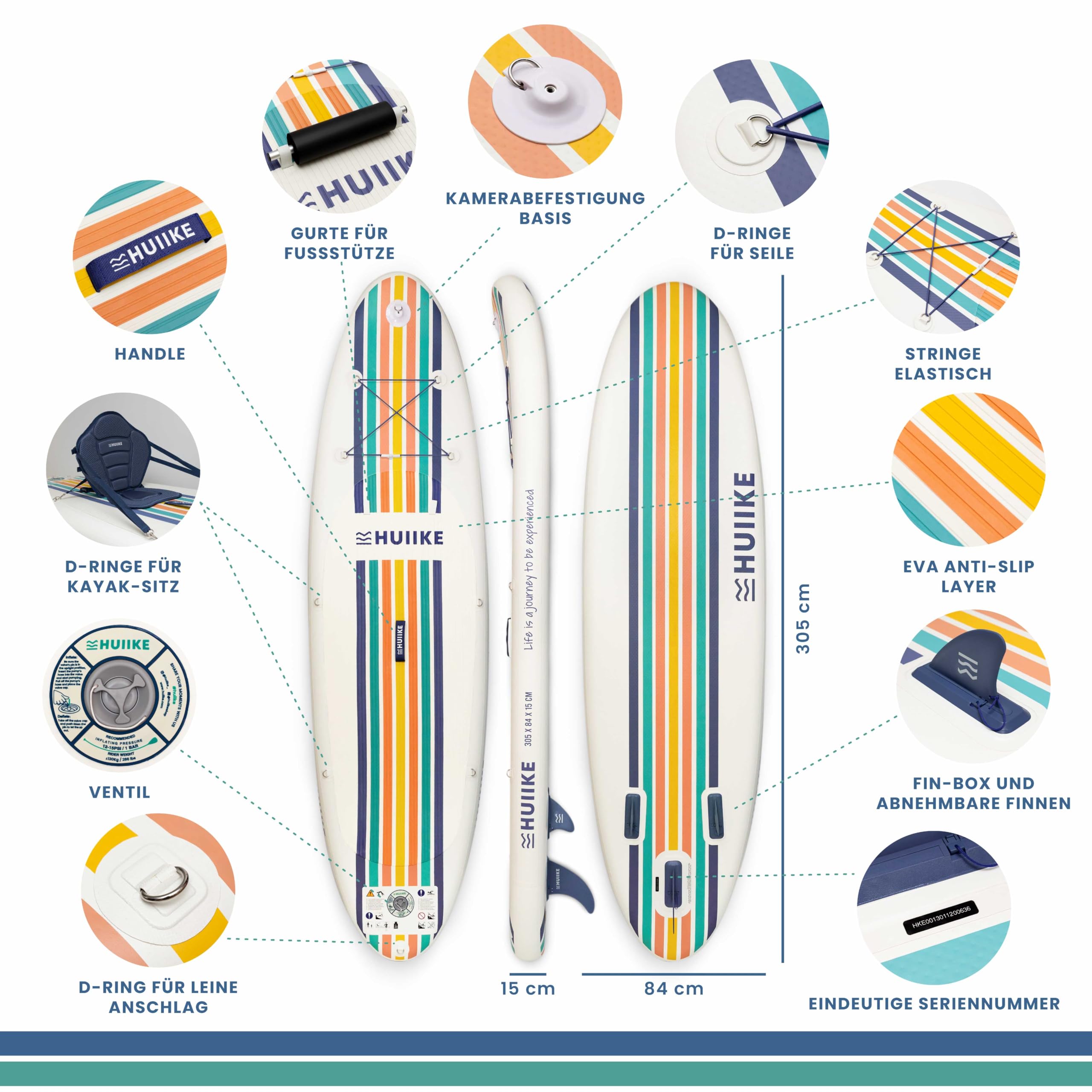 HUIIKE Stand Up Paddling Board mit Zubehör, Paddel, Finnen, Pumpe. Paddle Sup Board Aufblasbar Hohe Stabilität und Widerstandsfähigkeit. 305 x 84 x 15 cm, Belastbar bis 130 kg
