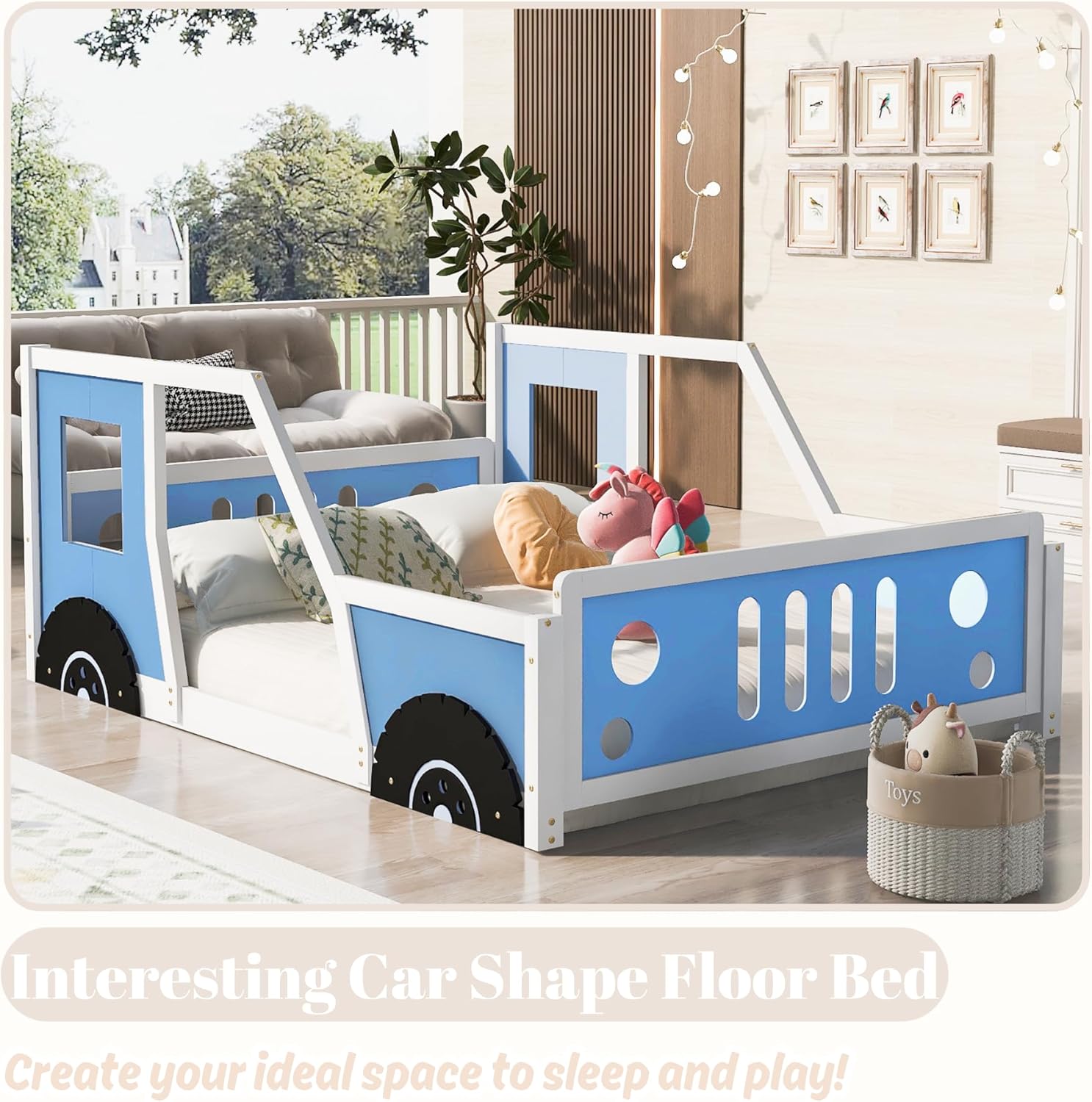 Full Size Wood Floor Bed Frame with Headboard & Footboard and 4 Side Rails, Kids Bed in Car-Shaped for Boys Girls Teens, Race car Montessori Bed for Boys, Girls, Blue
