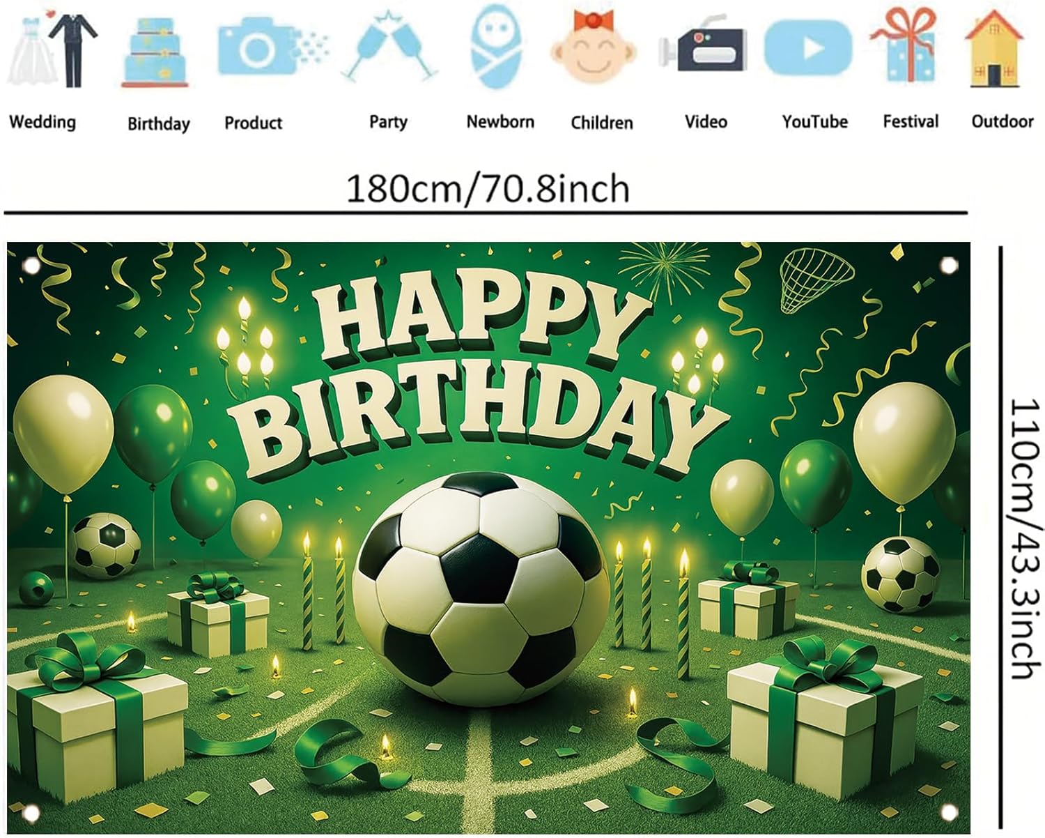 Soccer Birthday Party Backdrop Green Football Theme Happy Birthday Banner Boys Girls Kids Party Decoration Photo Booth Background Sports Party Photography Decorations 71 x 43 Inch - Image 6