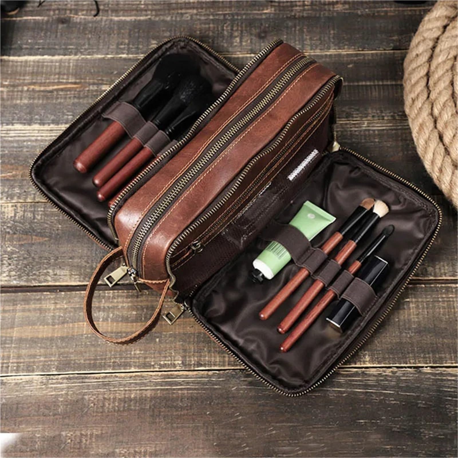 Neceser de Maquillaje Bolsa de cosméticos Cuero for Hombres y Mujeres, Maquillaje, Lavado portátil, Estuche Ducha, Bolso Mano, artículos tocador Viaje(1 Dark Brown)