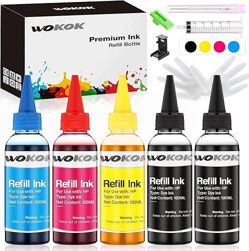 WOKOK - Juego de recambio de tinta para cartuchos de tinta HP 950 951 932 933 60 61 952 902 90162 63 65 920 940 95 96 5 botellas con jeringas de 338