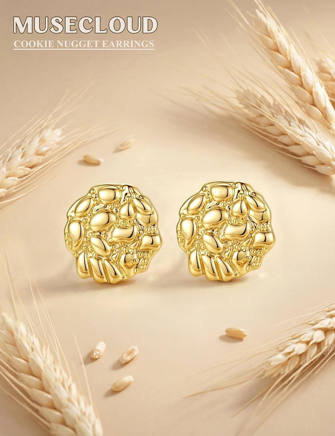 14K Gold Plated Nugget Earrings for Men,925 Sterling Silver Post | Hypoallergenic Gold Nuggets Earring, Rough Textured Round Cookie Nugget Stud for Unisex Statement Present