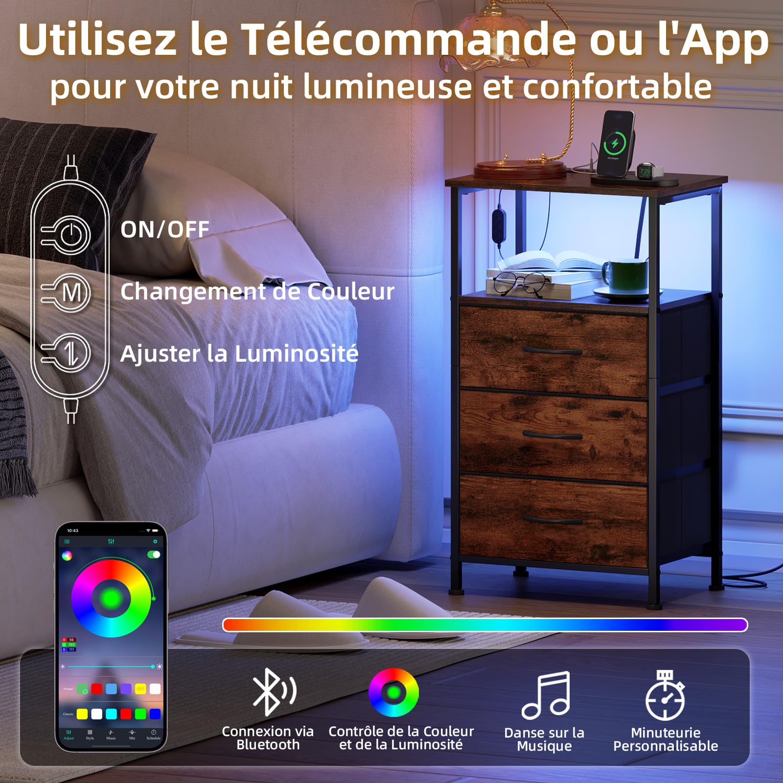 Somdot Table de Chevet Connectée, Table de Nuit LED par APP avec Station de Charge, Rangement Moderne 10,4 kg pour Chambre à Coucher Salon, 30P x 40l x 72H (3 Tiroirs), Imprimé Grain de Bois, Lot de 2