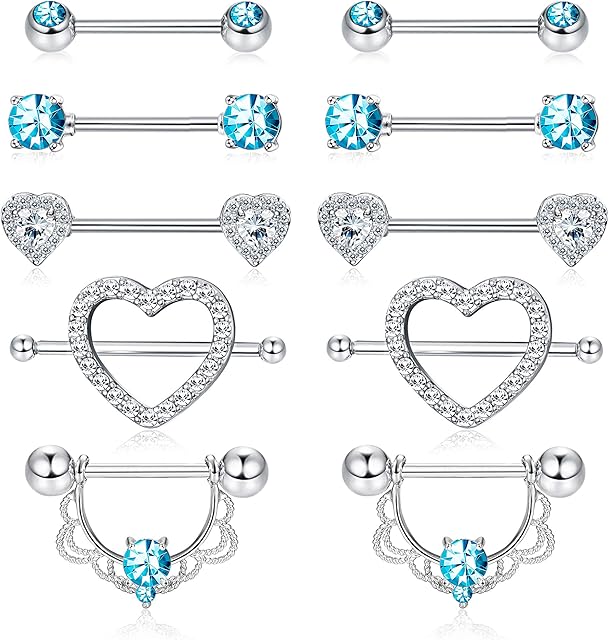 YADOCA 5 Pairs Stainless Steel Nipplerings Nipple Rings Tongue Ring CZ Barbell Heart Shape Rings Body Piercing Jewelry Set for Women Girls