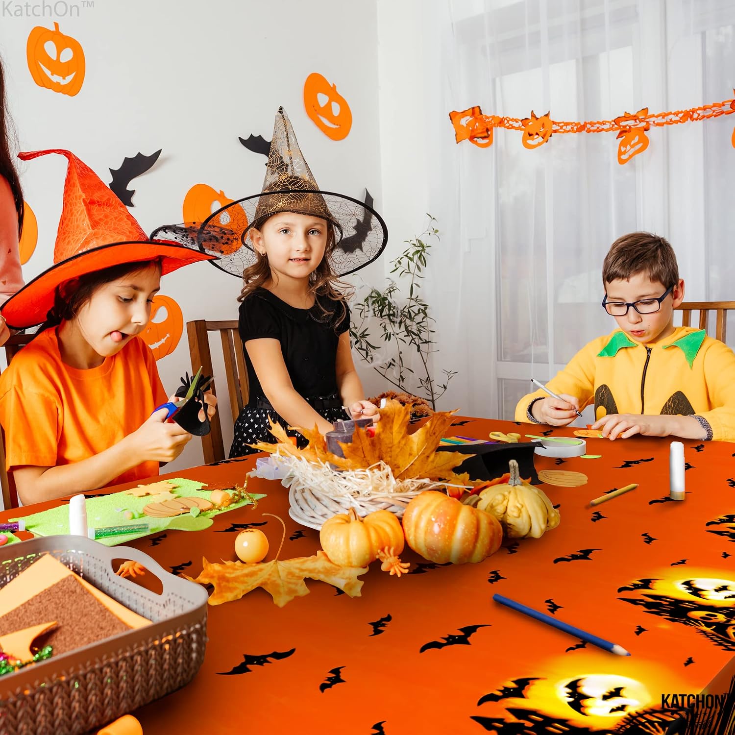 KatchOn, Orange Tablecloth Plastic - Large 54x108 Inch Pack of 3 | Skeleton Table Cover for Halloween Table Decorations | Plastic Tablecloth, Decorations Indoor