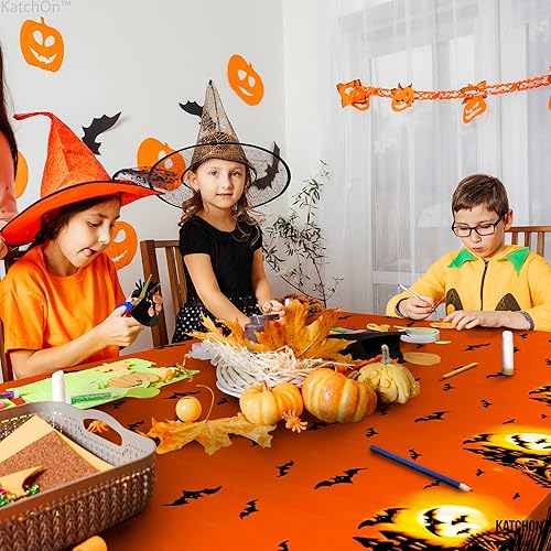 Miniatura 5 de KatchOn, Mantel de plástico color naranja, grande de 54 x 108 pulgadas, paquete de 3 manteles de esqueleto para decoración de mesa de Halloween,
