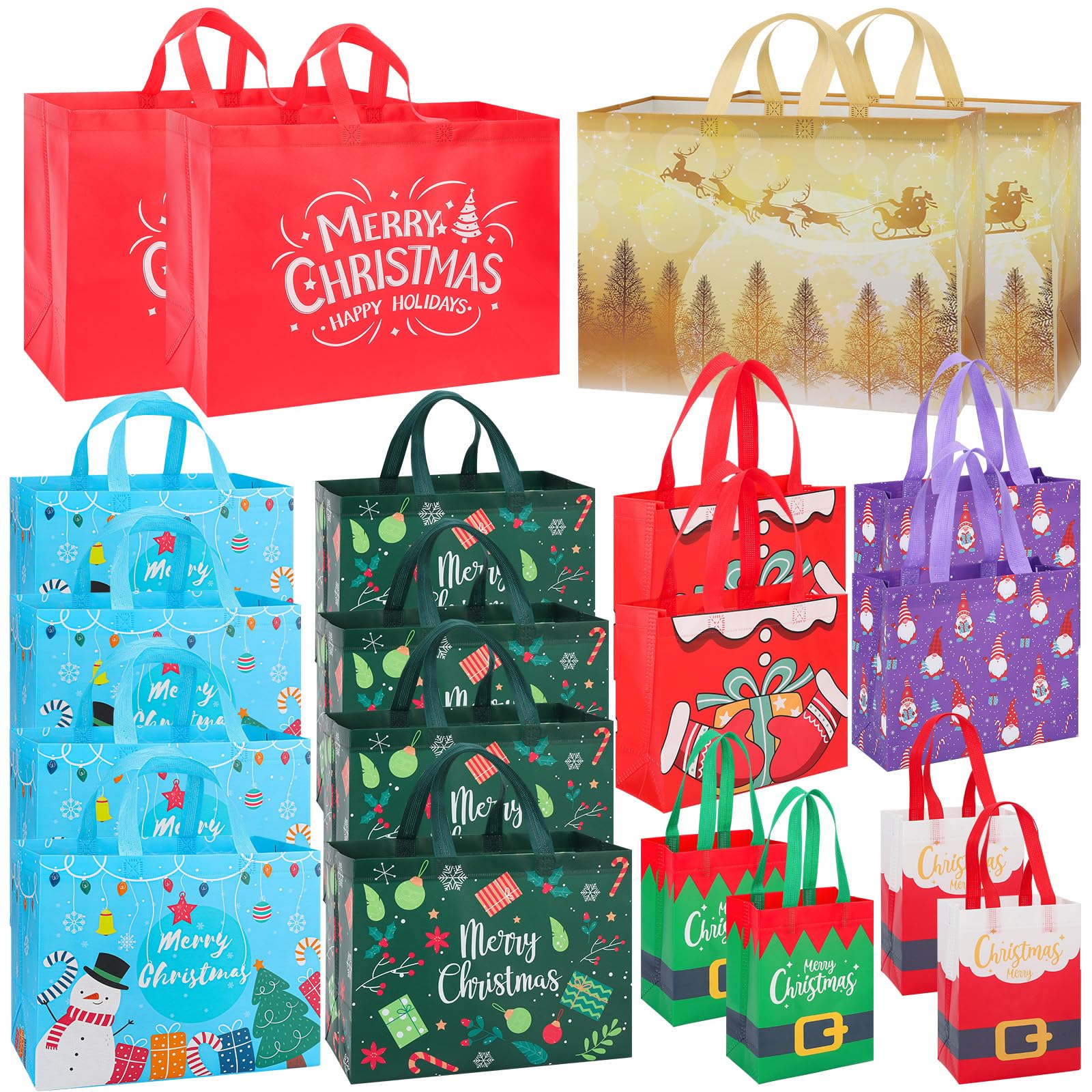 20 Pack Christmas Gift Bags Assorted Sizes, Reusable Heavy Duty Tote Bags with Handles - 4 Extra Large, 8 Large, 4 Medium, 4 Small, Christmas Bags for