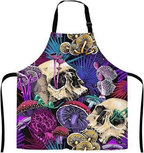 WINDST Bonito delantal de cocina de cocina regalos de cocina para mujeres y hombres delantal para cocinar en casa y barbacoa Champiñones y calaveras