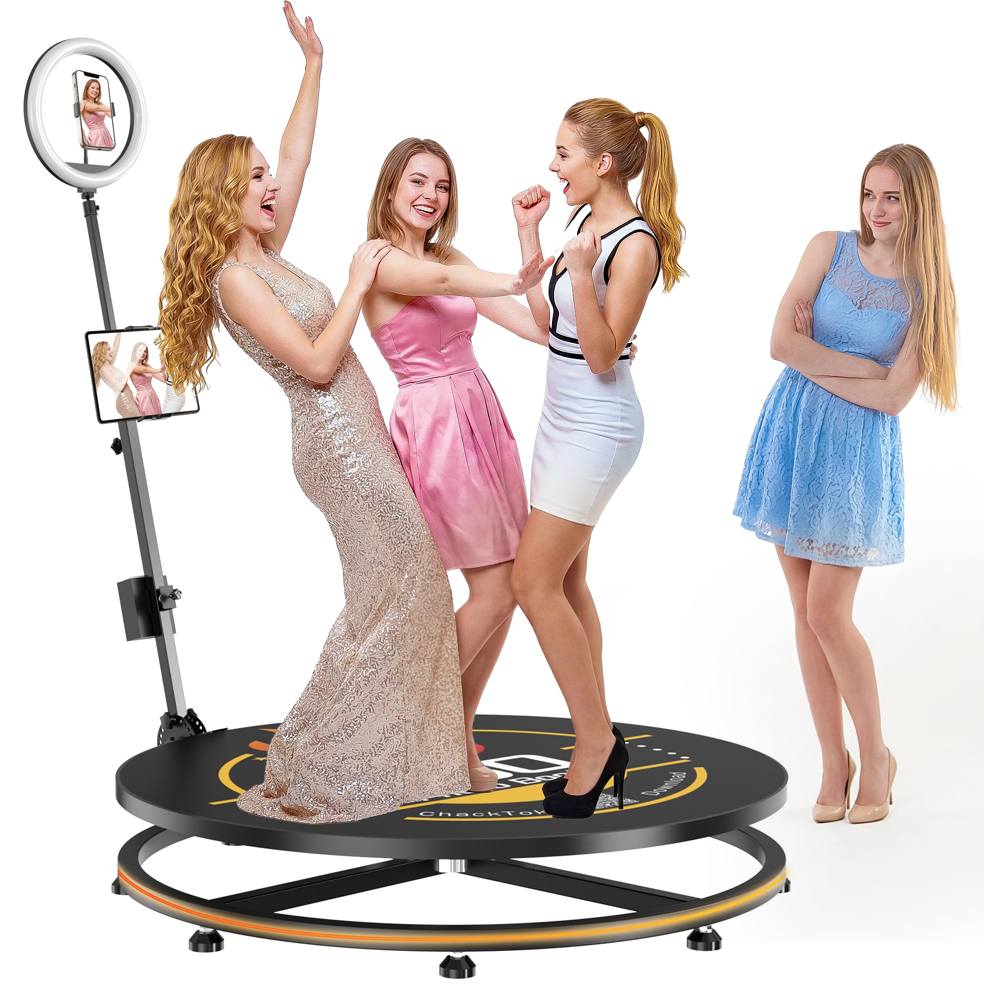 HARZHI 100CM Fotomaton 360, Automática de Photo Booth 360 con Ring Light para Fiestas/Bodas/Youtube/TikTok, Control Remoto y Software, con ChackTok VIP y Estuche de Vuelo, Rosa, Logotipo Personalizado