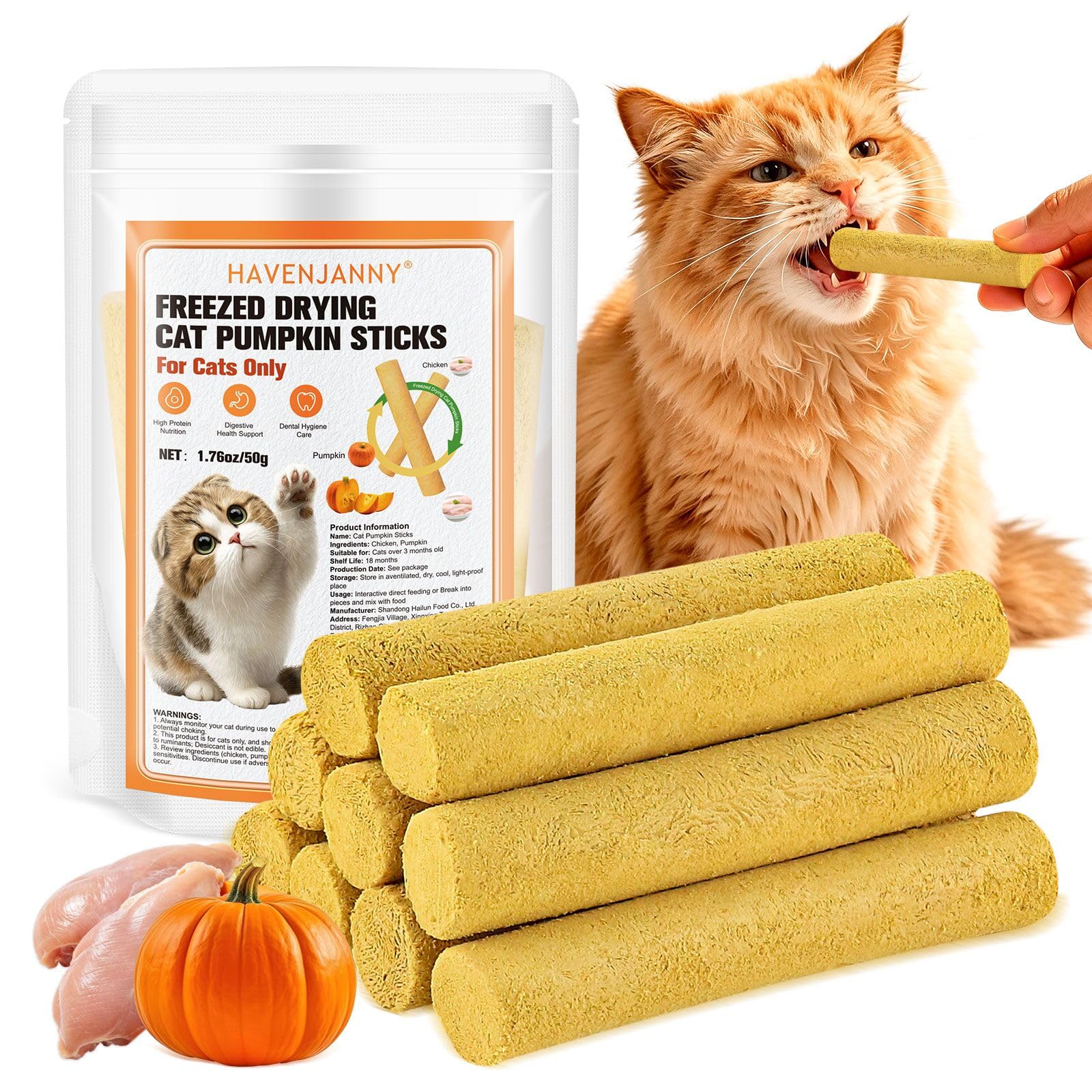 50g Pumpkin Cat Treats, Chicken Cat Teething Stick for Digestive Support and Teeth Cleaning, Edible Kitten Snack