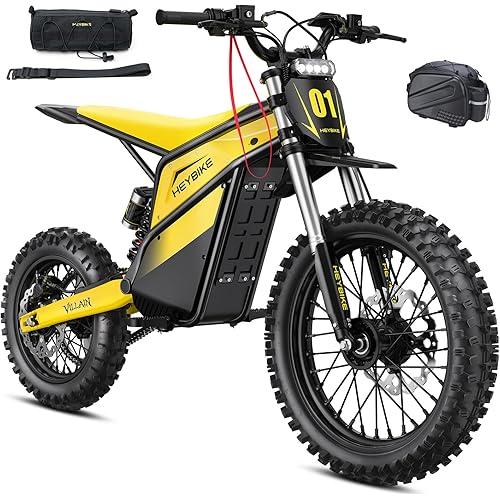 Heybike Villain Electric Dirt Bike, 4160W E Dirt Bike with 52V 26AH Battery, 14"/12" Fat Tire Electric Motorcycle for Teens & Adults, Up to 45MPH, Hydraulic Brakes Ebike (with Tail Bag; Yellow)