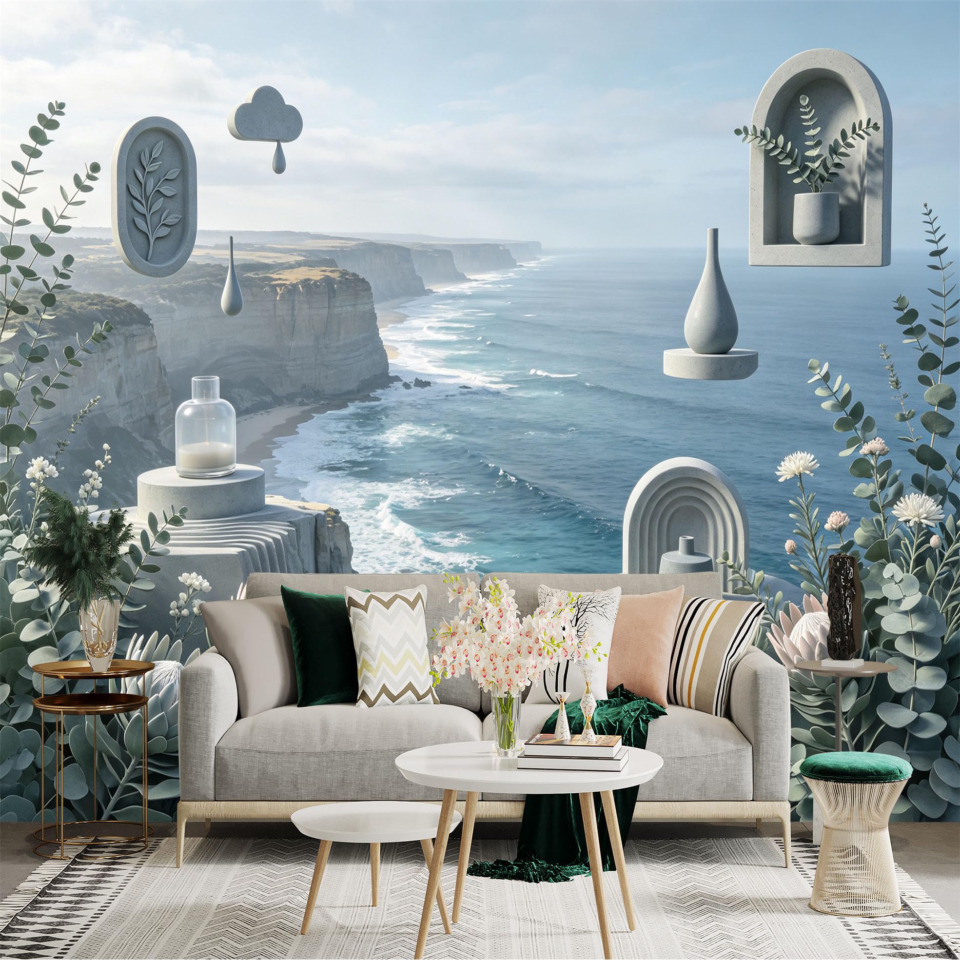 Lnzczhyre Bh260719683 Custom Size Wall Sticker Mural， Coastal Cliff View， Zen Stone Decor， Minimalist Floral Arrangement， Serene Ocean Landscape， For Wall Decoration， Peelandstick Wall Decals.