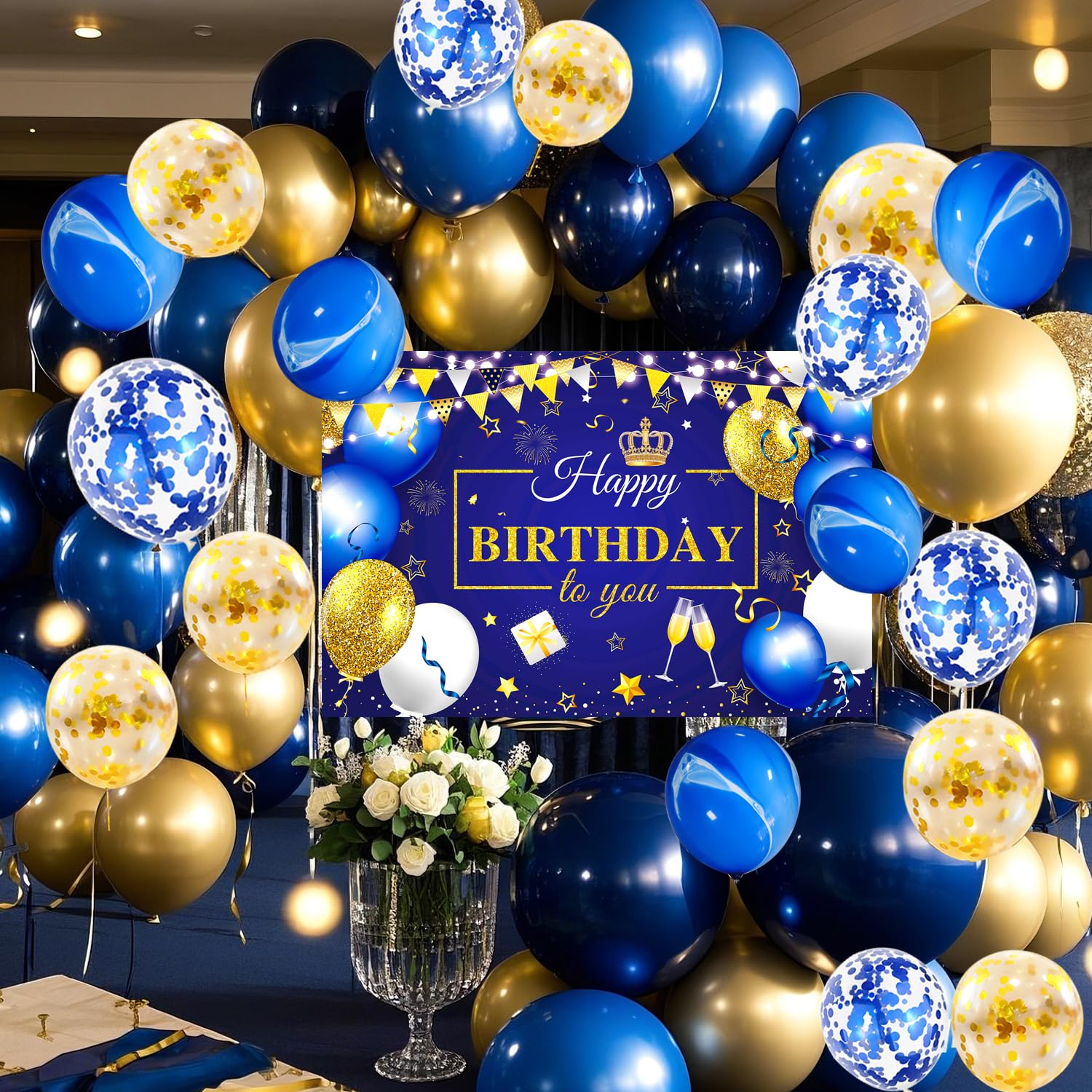 63 szt. królewski błękit złoty balony urodzinowe urodzinowe granatowe złoto tło fotograficzne baner szczęśliwych urodzin uroczystości balony dekoracje na przyjęcie urodzinowe dla mężczyzn