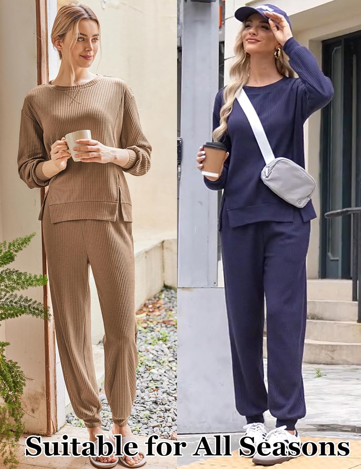 Ekouaer Waffle Knit Lounge Sets for Women Long Sleeve Pajamas Set with Pockets 2 Pieces Outfits Top and Pants - Image 2