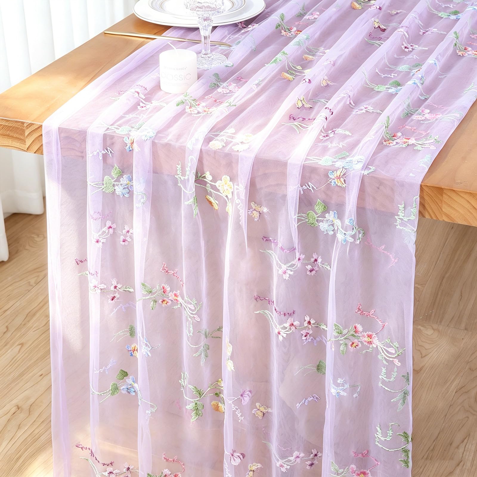 Gauze Table Runner Purple 75x300 cm Embroidery Flowers Table Runners Sheer Cheesecloth Tablecloth Floral Chiffon Wedding Table Decoration Tulle Table Cover Dining Kitchen Party Birthday Decor