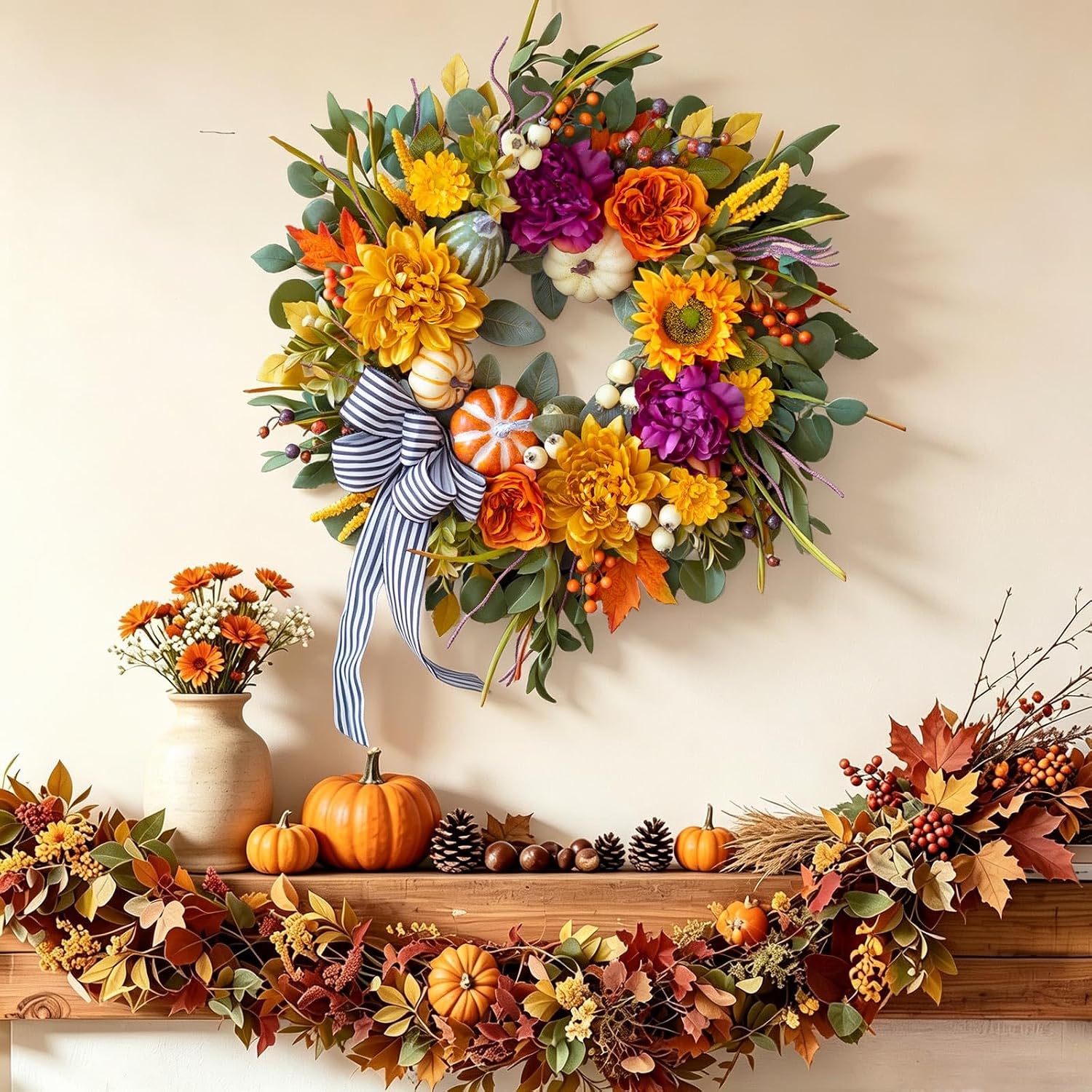 24 Inch Artificial Fall Wreaths for Front Door Outside with Striped Bow