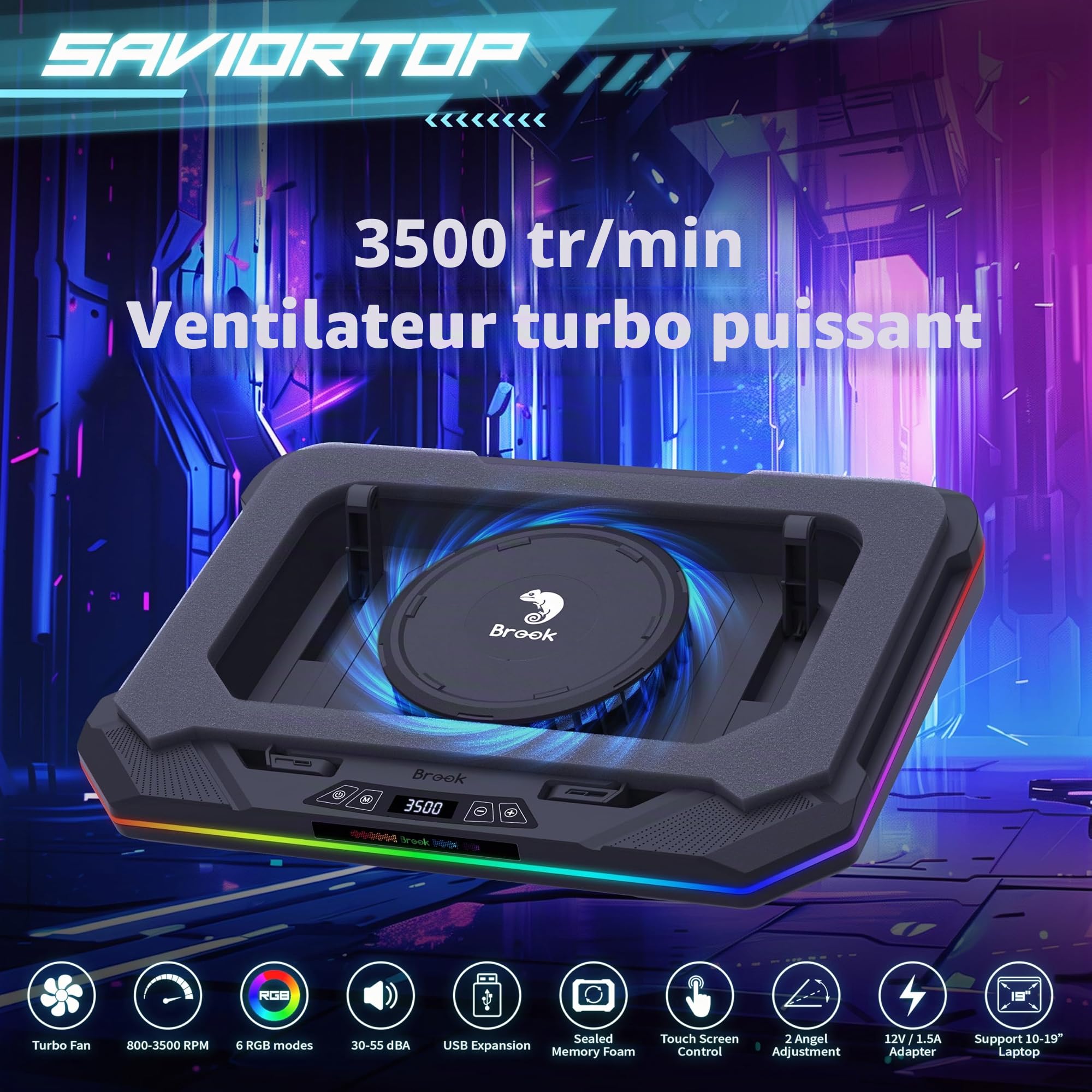 Brook Saviortop Tapis de refroidissement pour ordinateur portable – Refroidisseur pour ordinateur portable haute vitesse 3500 tr/min avec ventilateur turbo, support de refroidissement RVB pour