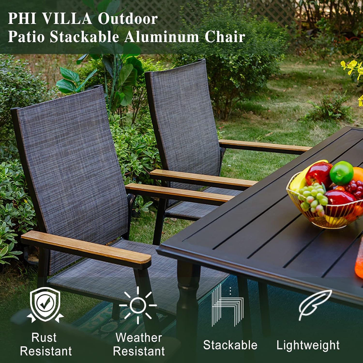 PHIVILLA Patio Stackable Aluminum Chairs Clearance, Lightweight Outdoor Breathable Chairs with Extra Wide Seat & Wood-like Armrest, Stackable Space Saving Garden Lawn Chairs for All Weather, Set of 6 : Patio, Lawn & Garden