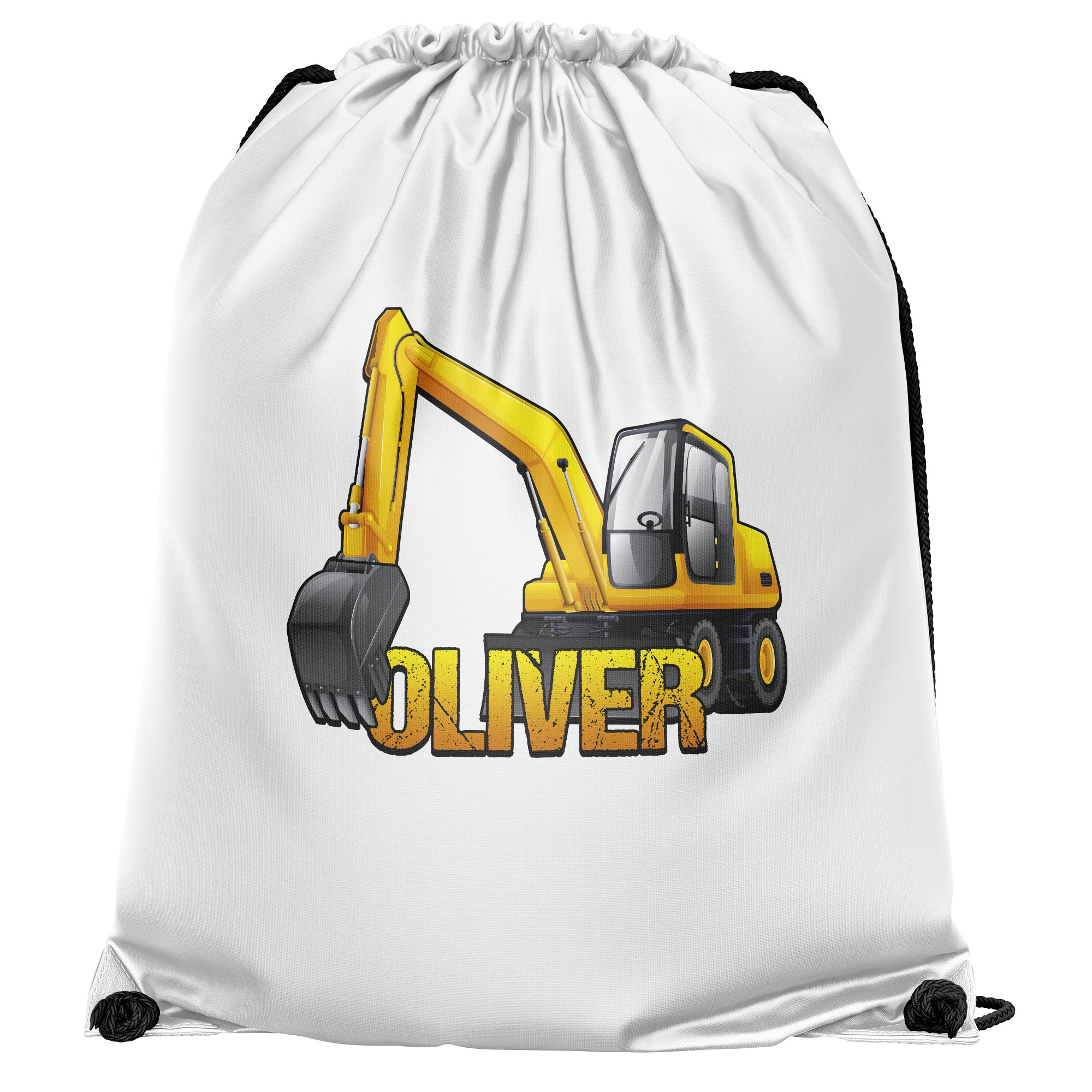 Personalised Yellow Digger Drawstring Bag, Custom Back to School and Nursery Gifts for Boys, Digger Crazy Boys, Essential Kids PE Kit Swimming Bag, One Size, White