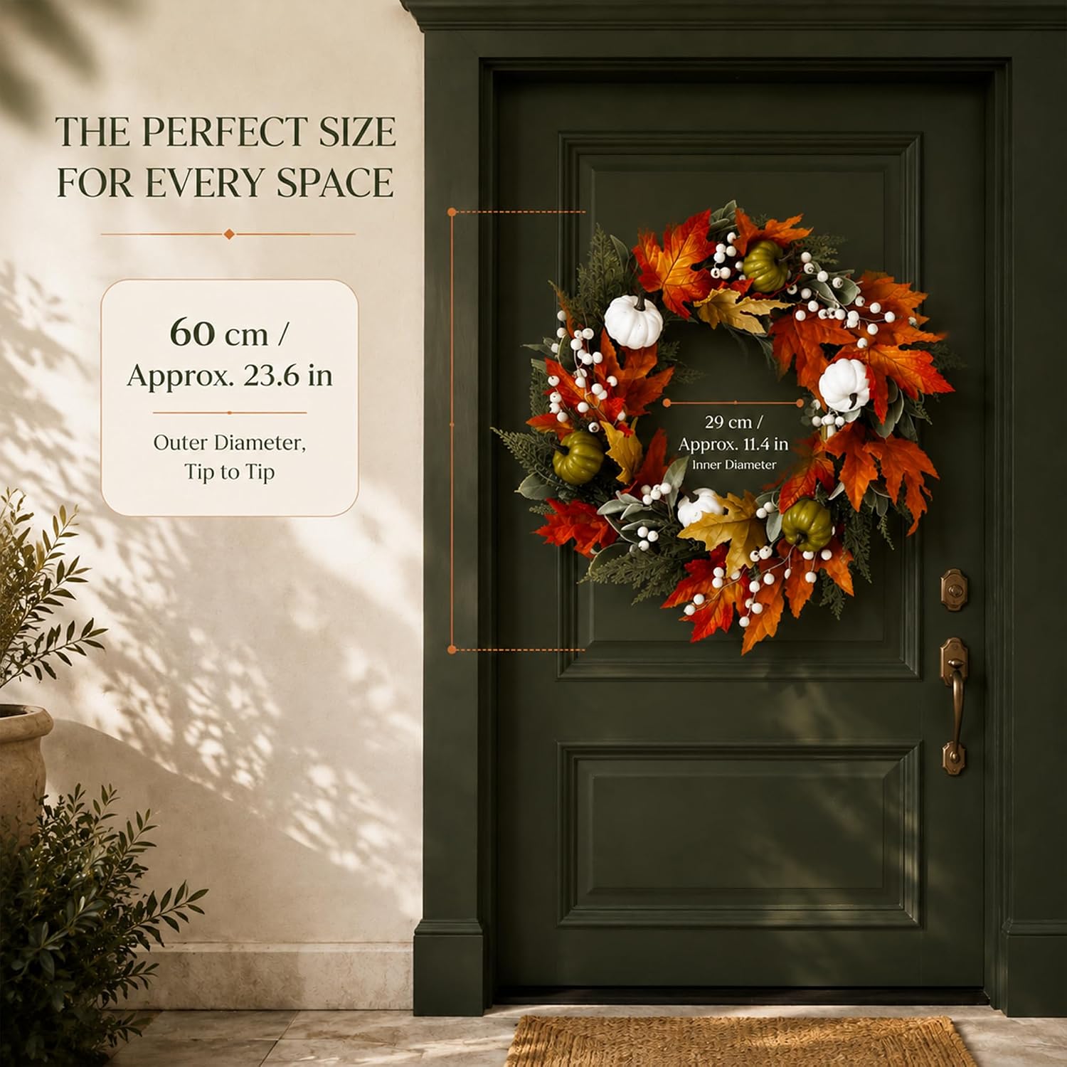 Fall Wreath for Front Door,23.6-Inch with 6 Mini Pumpkins
