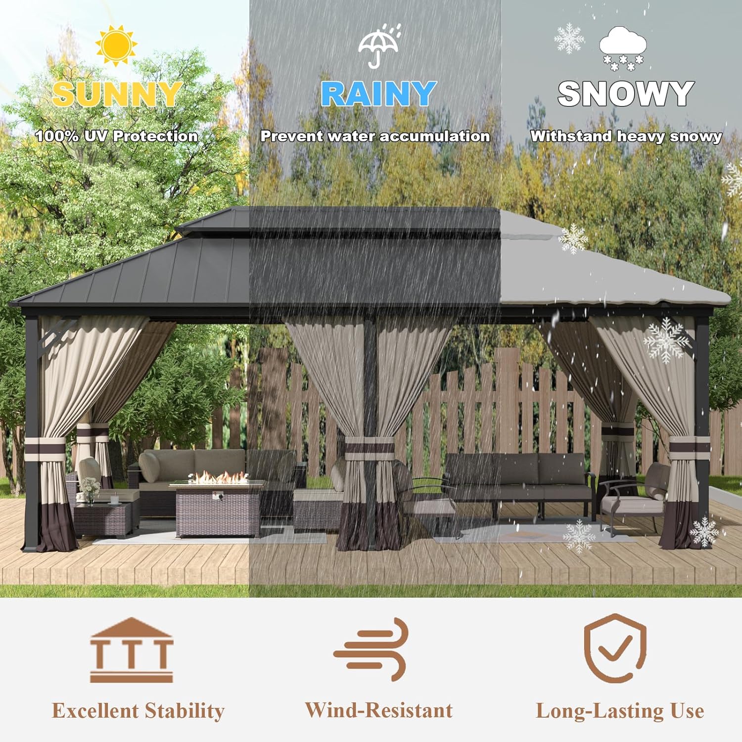 Kurapika 12' x 20' Hardtop Outdoor Metal Gazebo with Galvanized Steel Double Roof Canopy, Netting and Curtain, Aluminum Permanent Pavilion Gazebo, Sand