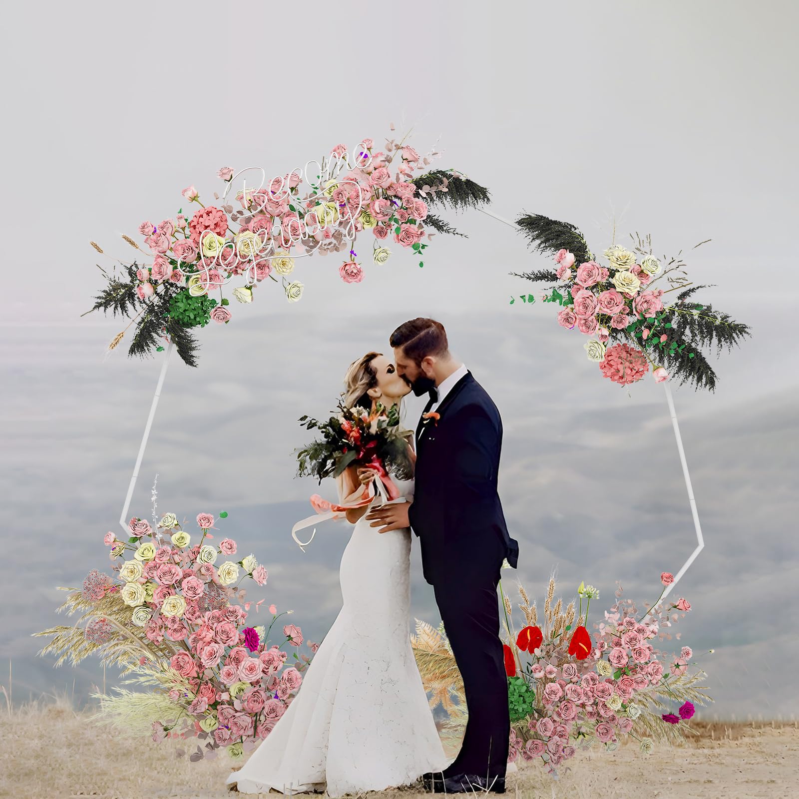 melos 7.5FT x 7.4FT Wedding Arches for Ceremony, Heptagonal Metal Balloon Arch Stand, Arbor Backdrop Stand for Garden Parties Anniversary Birthday Party Bridal Shower Decoration Home Decor, White