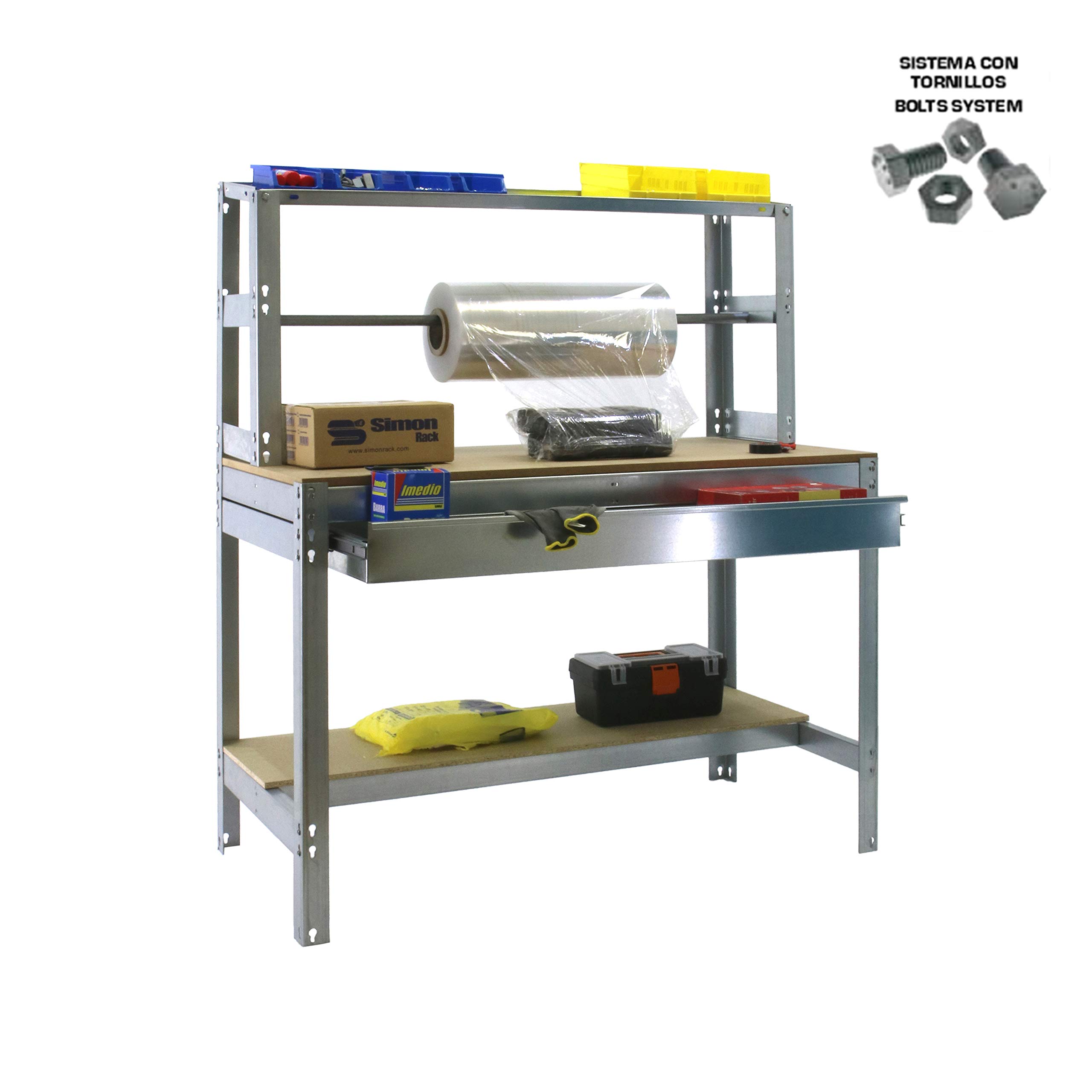 Simon Rack Banco de Trabajo con Porta Rollo y cajón 910x760 mm - BT4 | Tablero madera 16 mm, Capacidad Carga 400 kg, Galva , Pintura anticorrosión, Montaje sistema clic