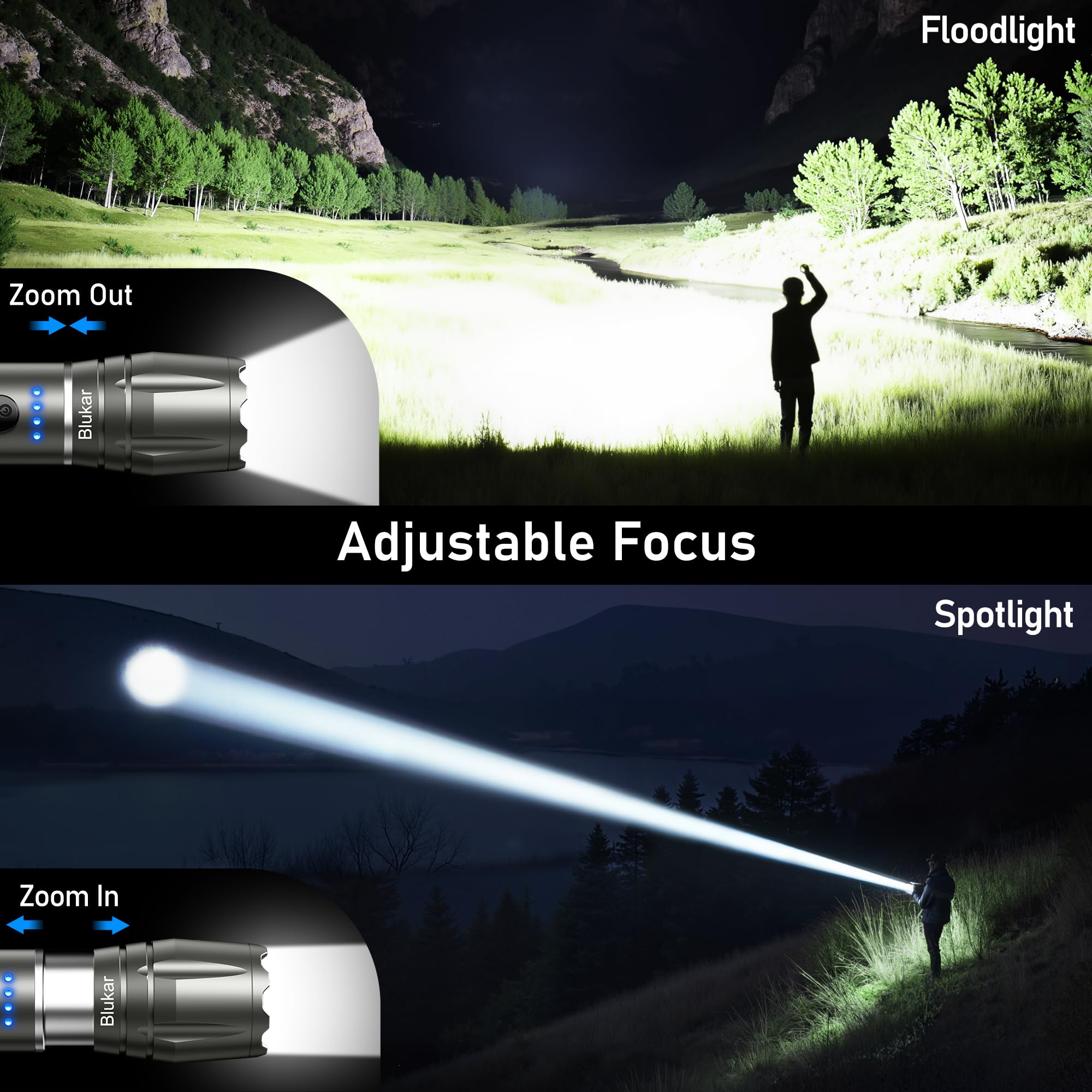 Blukar Torcia LED Ricaricabile 2 Temperatura Colore,Super Luminoso Torcia Potente,10 Modalità,Zoomabile,Funzione di Memoria,Impermeabile Flashlight per Campeggio/Emergenza/Interruzione di Corrente