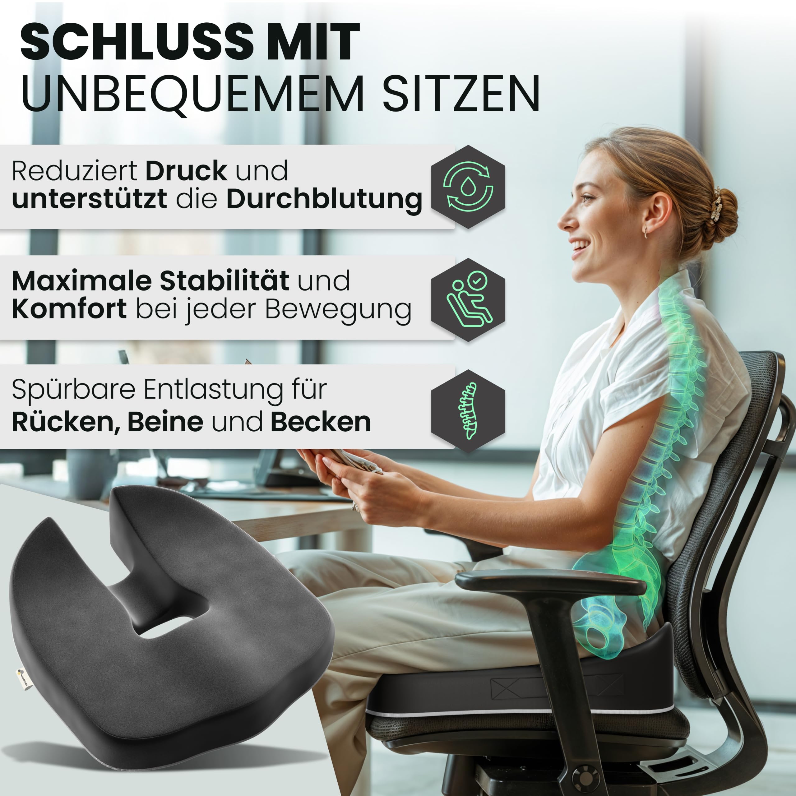 Orthopädisches Sitzkissen – Ergonomisch, Memory Foam, entlastet Steißbein & Rücken, sofort einsatzbereit – IGR-zertifiziert & Oeko-Tex geprüft, ideal für Büro, Auto, Reisen & Schwangerschaft
