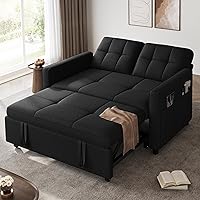 DWVO 55" 3-in-1 Convertible Sofa Bed with Pull-Out, 5-Level Adjustable Backrest, Linen Futon Loveseat for Apartments - Black