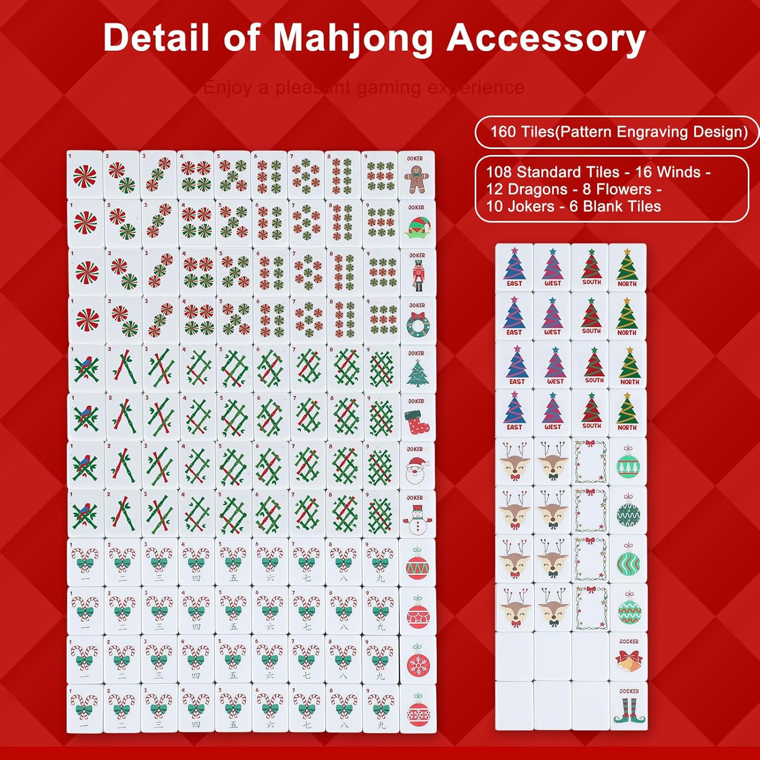 160 Pcs Christmas American Mahjong Set Only, 1.2 x 0.87 Inches Red Back Melamine Mahjong Tiles, Hand Carved Pattern for Adult Mah Jong Social Games, Mah Jong Lovers