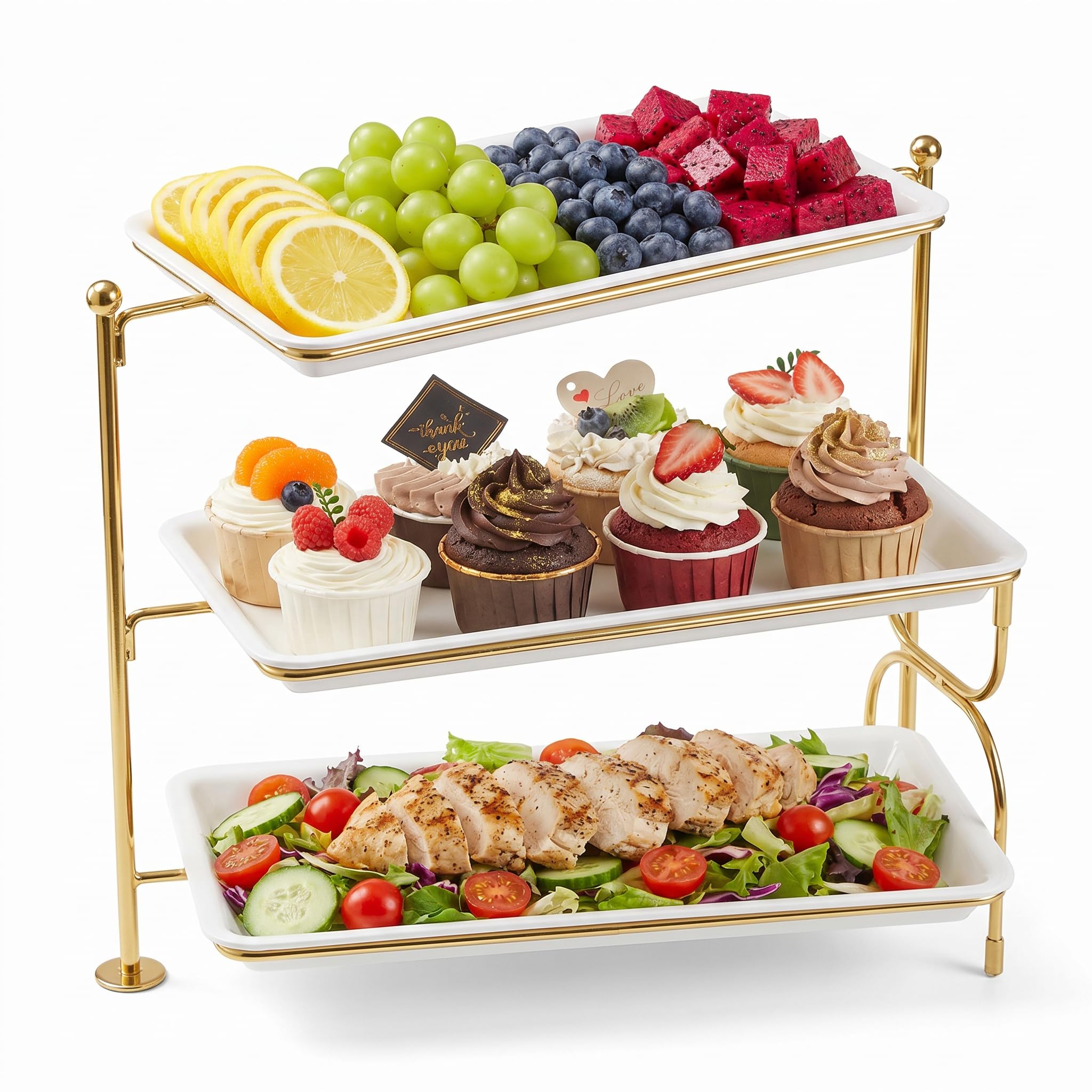 Soporte para postres de 3 niveles, elegante expositor de metal dorado con bandejas de cerámica blanca, plegable y estable, para té de la tarde, color dorado
