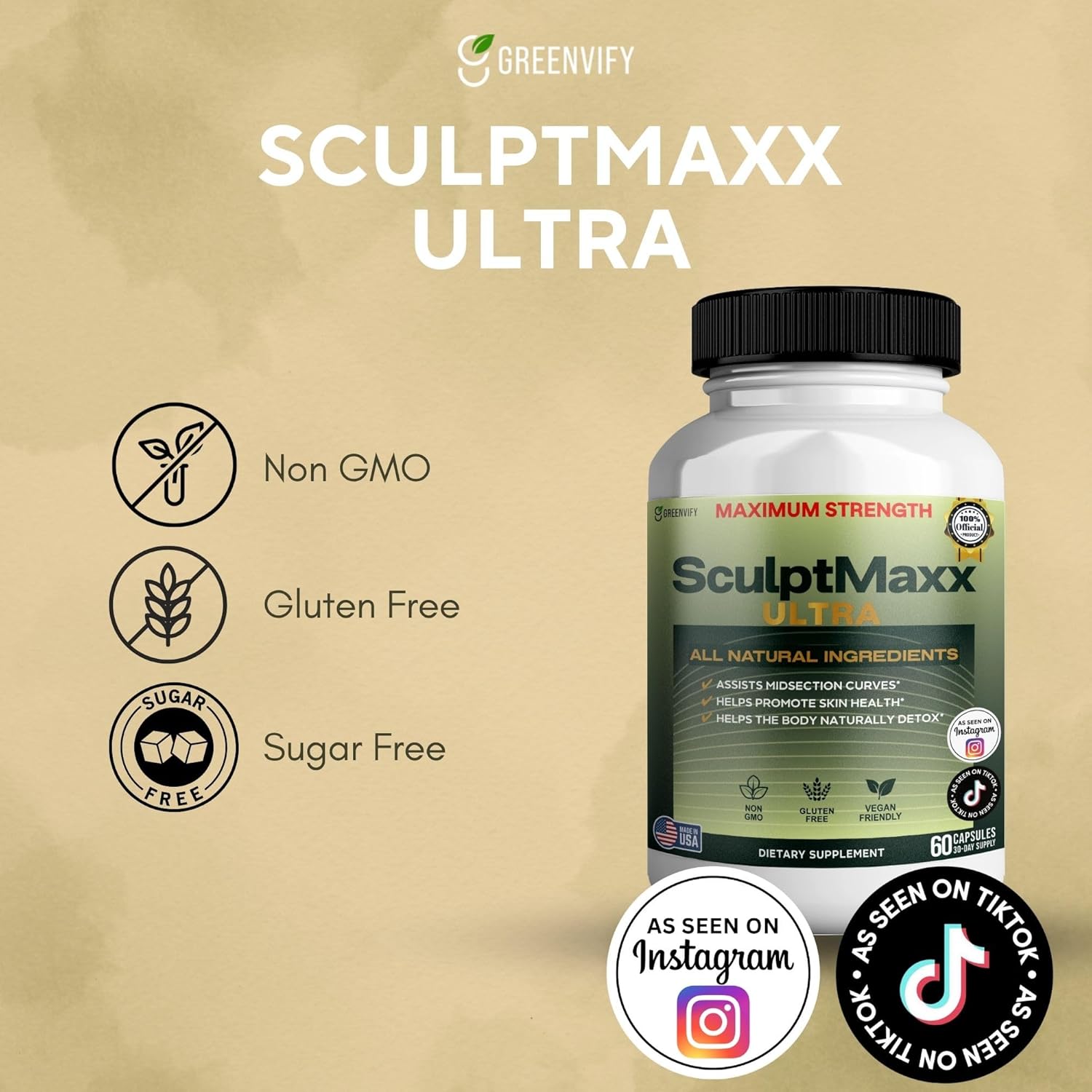 SculptMaxx Ultra Maximum Strength Natural Dietary Supplement, 60 Capsules, 30-Day Supply, All Natural Ingredients, Non-GMO, Gluten Free, Vegan (3)