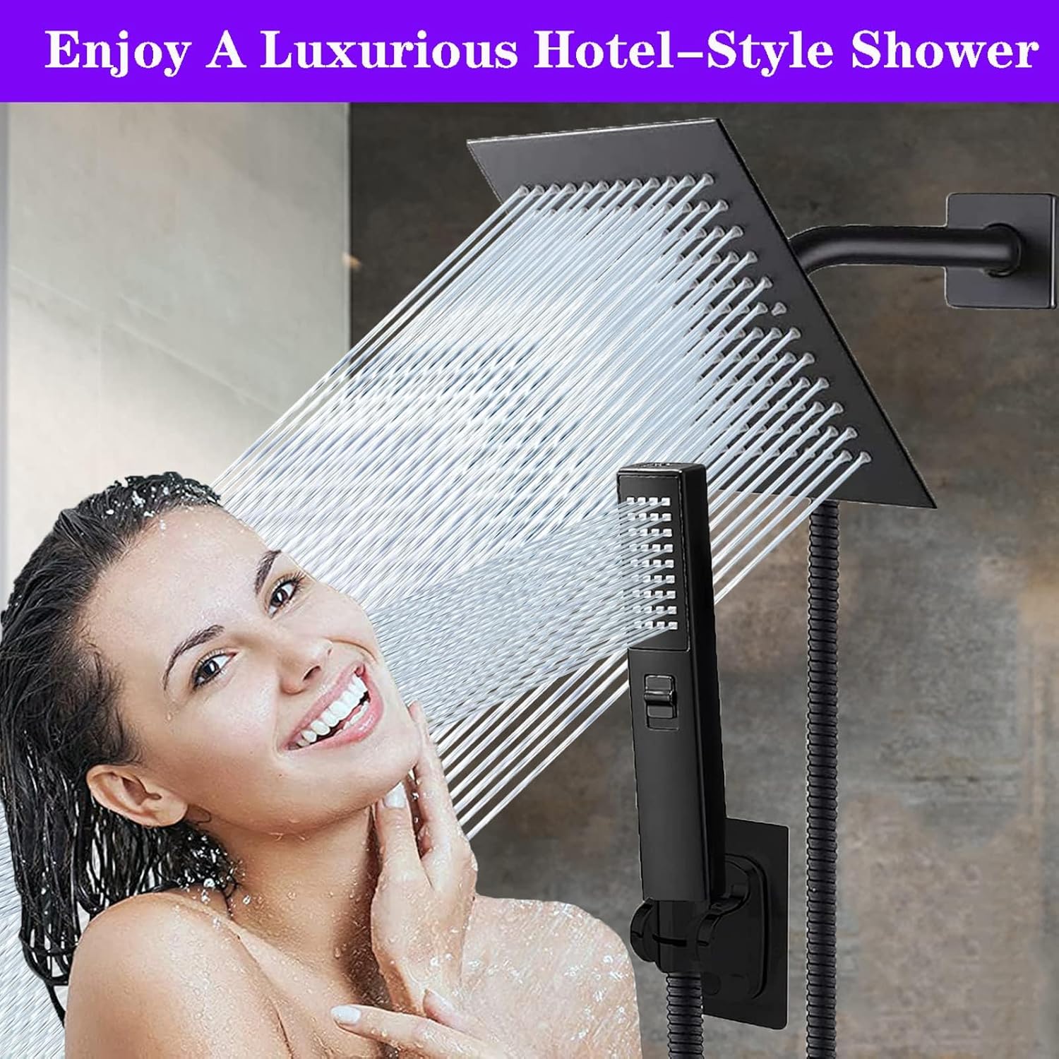 8"High Pressure Square Rain Shower Head and 2-in-1 Hand Shower.Equipped with 78"Hose, 3 Way Diverter Valve,Adhesive Shower Head Holder.(AWAXFOLO Square Shower Head Set Black)
