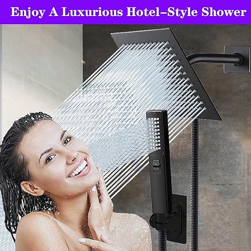 Miniatura 8 de Cabezal de ducha de lluvia cuadrado de alta presión de 8 pulgadas y ducha de mano 2 en 1. Equipado con manguera de 78 pulgadas, válvula desviadora