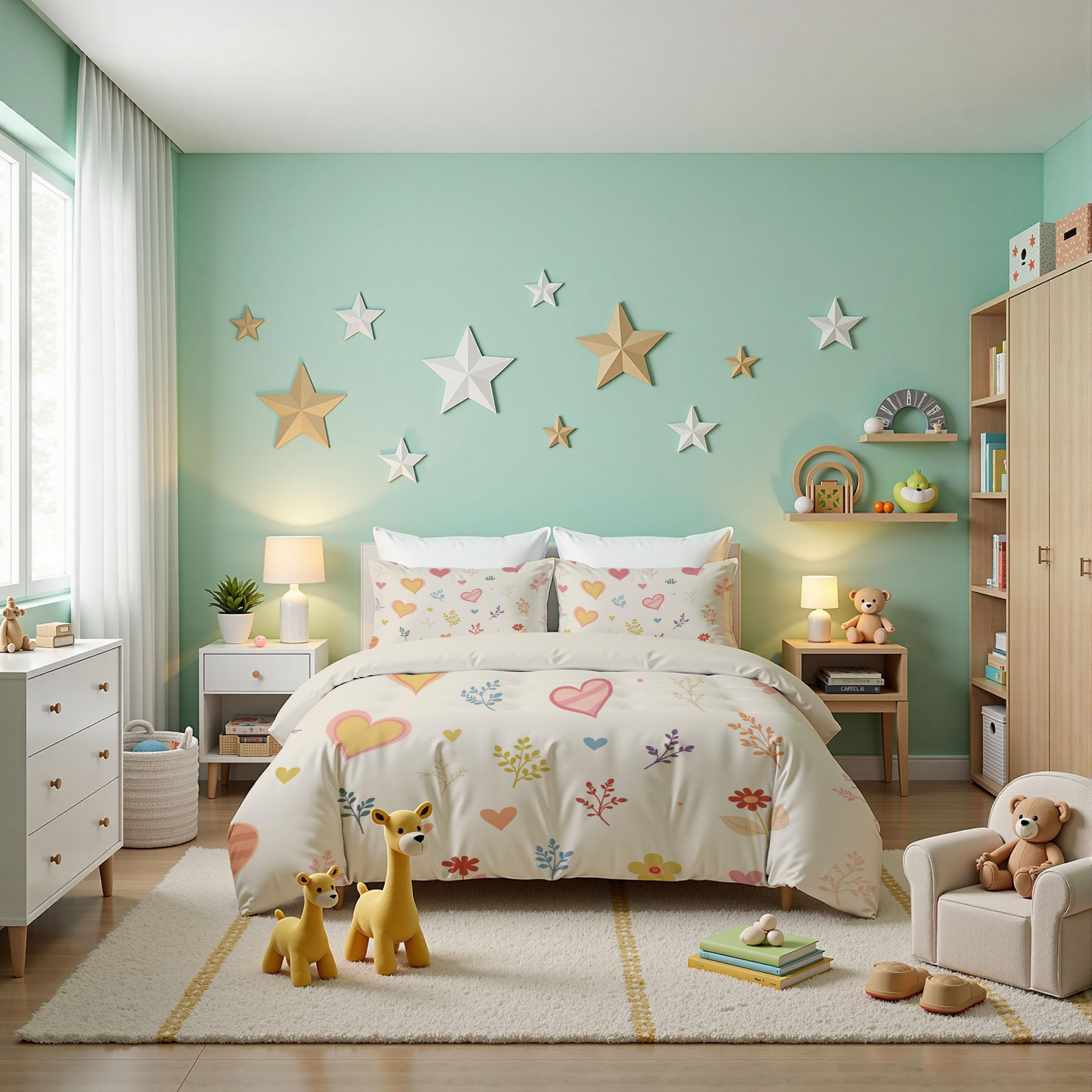 Housse de couette cœur à fleurs 200x200 cm au style dessiné à la main pour lit de fille ou garçon