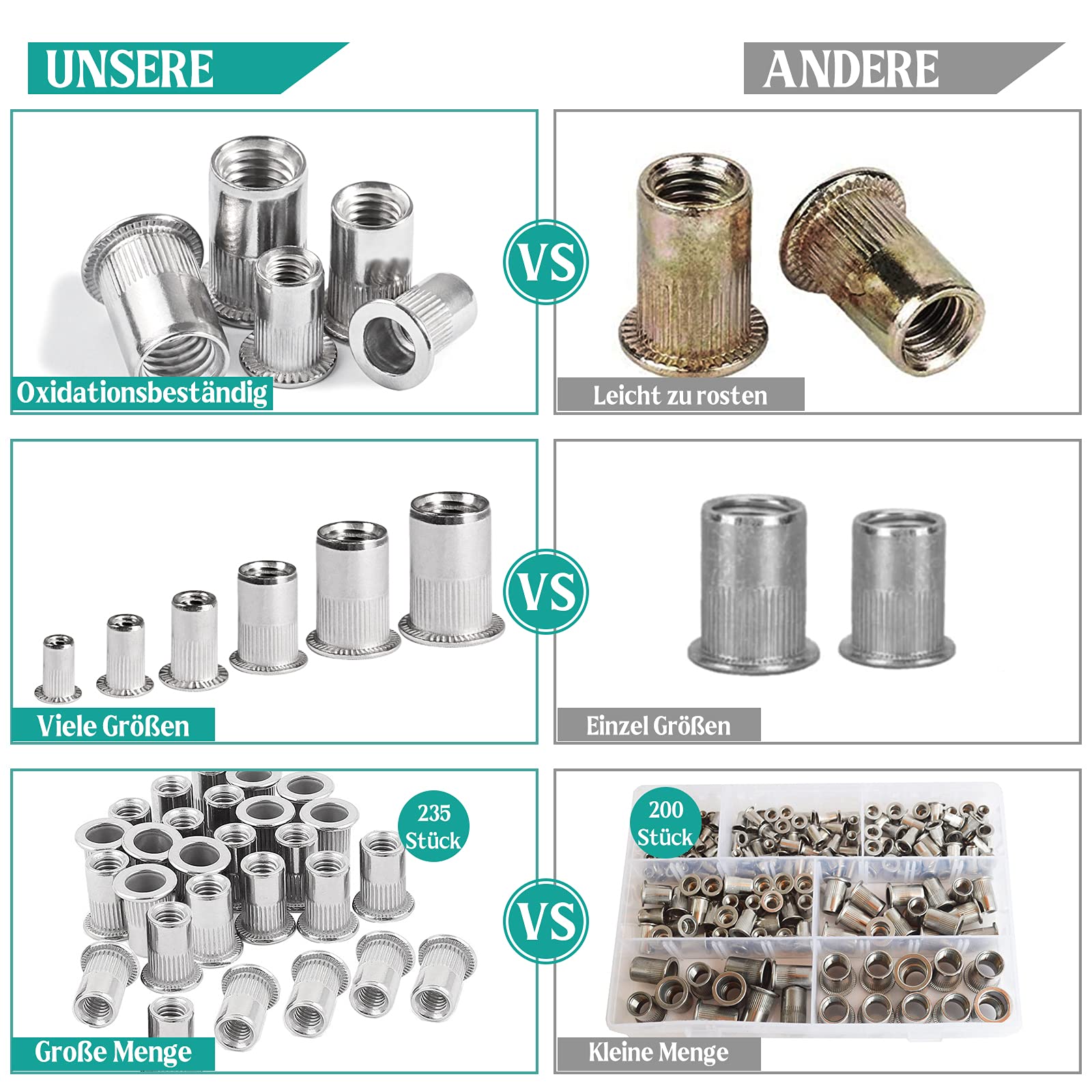 235 Stück Nietmuttern Sortiment Set, M3 M4 M5 M6 M8 M10 A2-70 Edelstahl Zugnietmutter Rivet nuts Muttern mit Aufbewahrungsbox (breit) (235 Stück Nietmuttern)