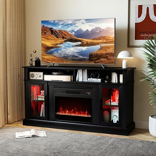 Miniatura 8 de COSTWAY Soporte eléctrico para TV con chimenea para televisores de hasta 65 pulgadas con luces LED, controles remotos, estantes ajustables,