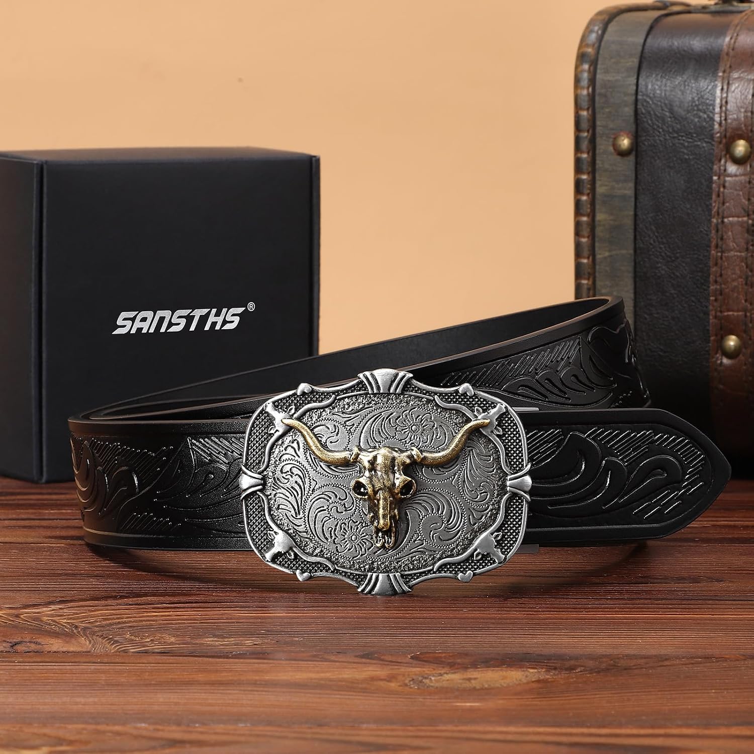 SANSTHS Ratchet Cowboy Belt, Western Ratchet Belts for Men with Automatic Cowboy Buckle