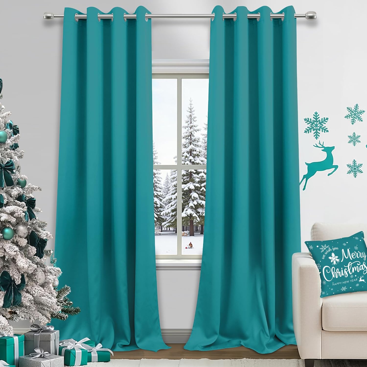 KOUFALL 108 Inch Curtains Long,Blackout Ceiling to Floor Christmas Teal Winter Curtains for Living Room
