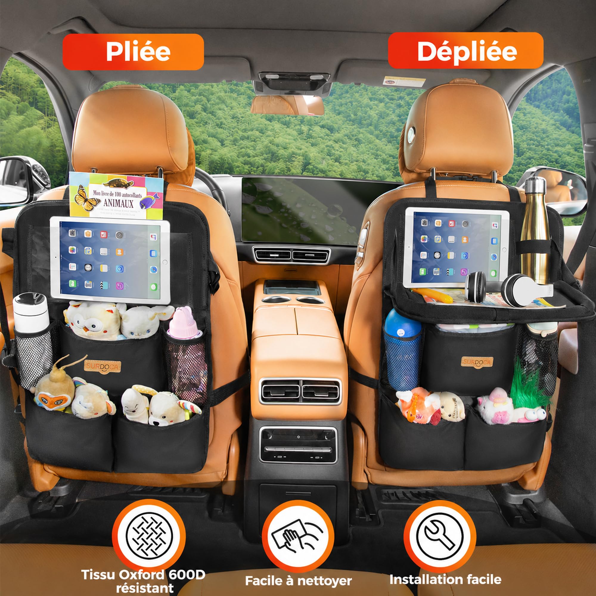 SURDOCA Organiseur de voiture pour enfant avec table pliante et compartiment pour tablette tactile, protection étanche du dossier, s’adapte à la plupart des véhicules