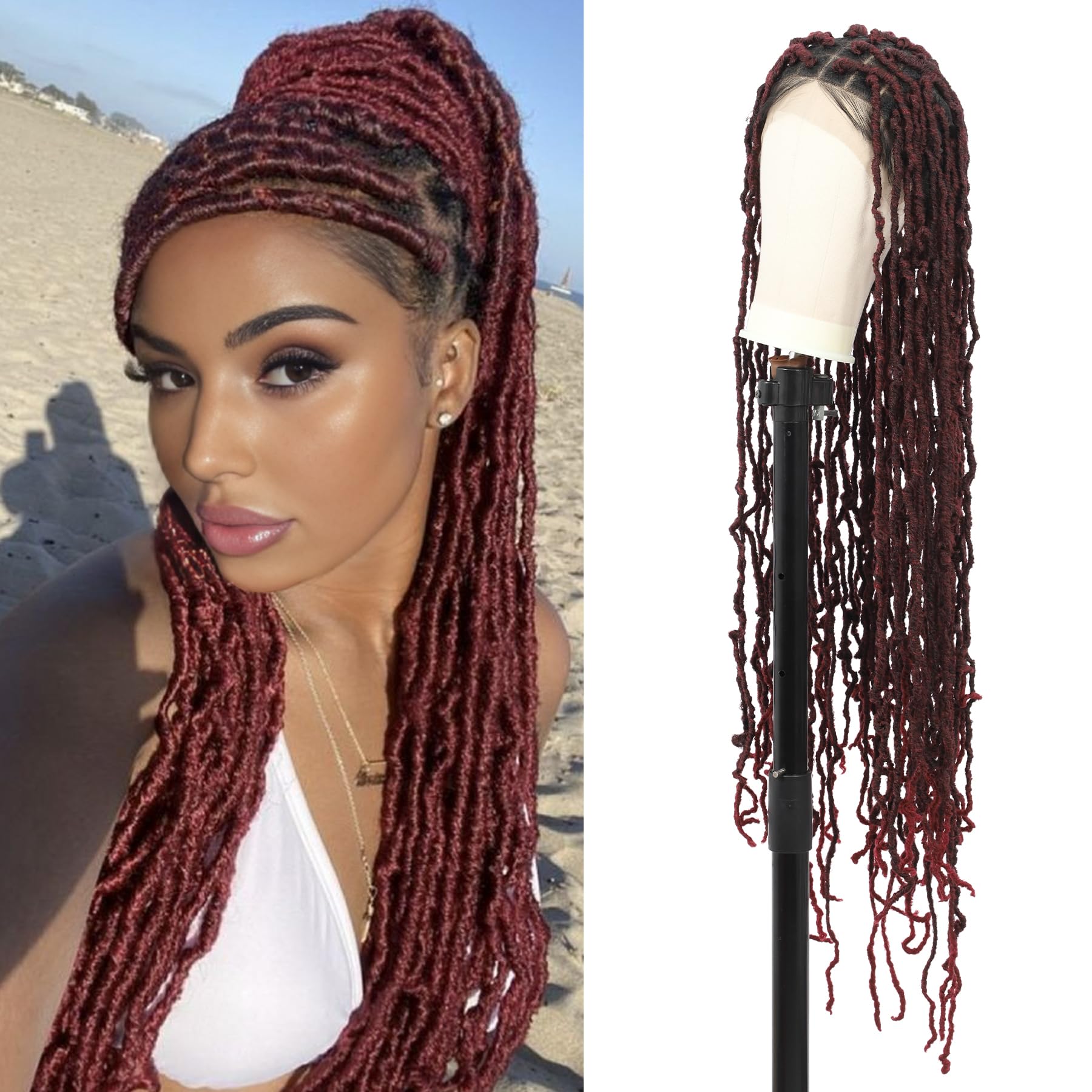 Photo 1 of Olymei Locs Braided Wigs for Black Women Knotless Braided Wigs Locs Braid Wig with Baby Hair Full Double Lace Braided Wig Synthetic Burgundy Red Locs Braided Wig, 40 Inches Double Lace