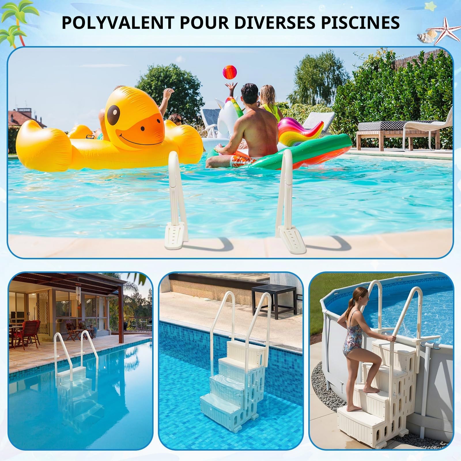 Yuntau Échelle de piscine 4 marches avec doubles mains courantes, échelle de piscine robuste antidérapante à larges marches, capacité de charge maximale jusqu’à 136 kg pour système d’entrée et de