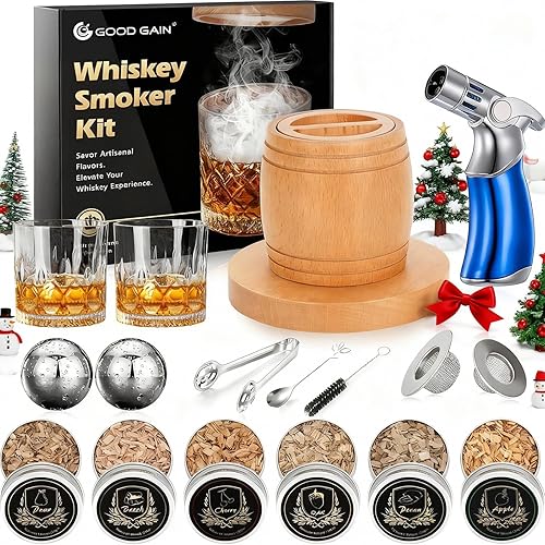 Kit de ahumador de whisky con antorcha, kit de ahumador de cóctel antiguo con chips de madera de 6 sabores, juego de humo de bebida de bourbon con 2