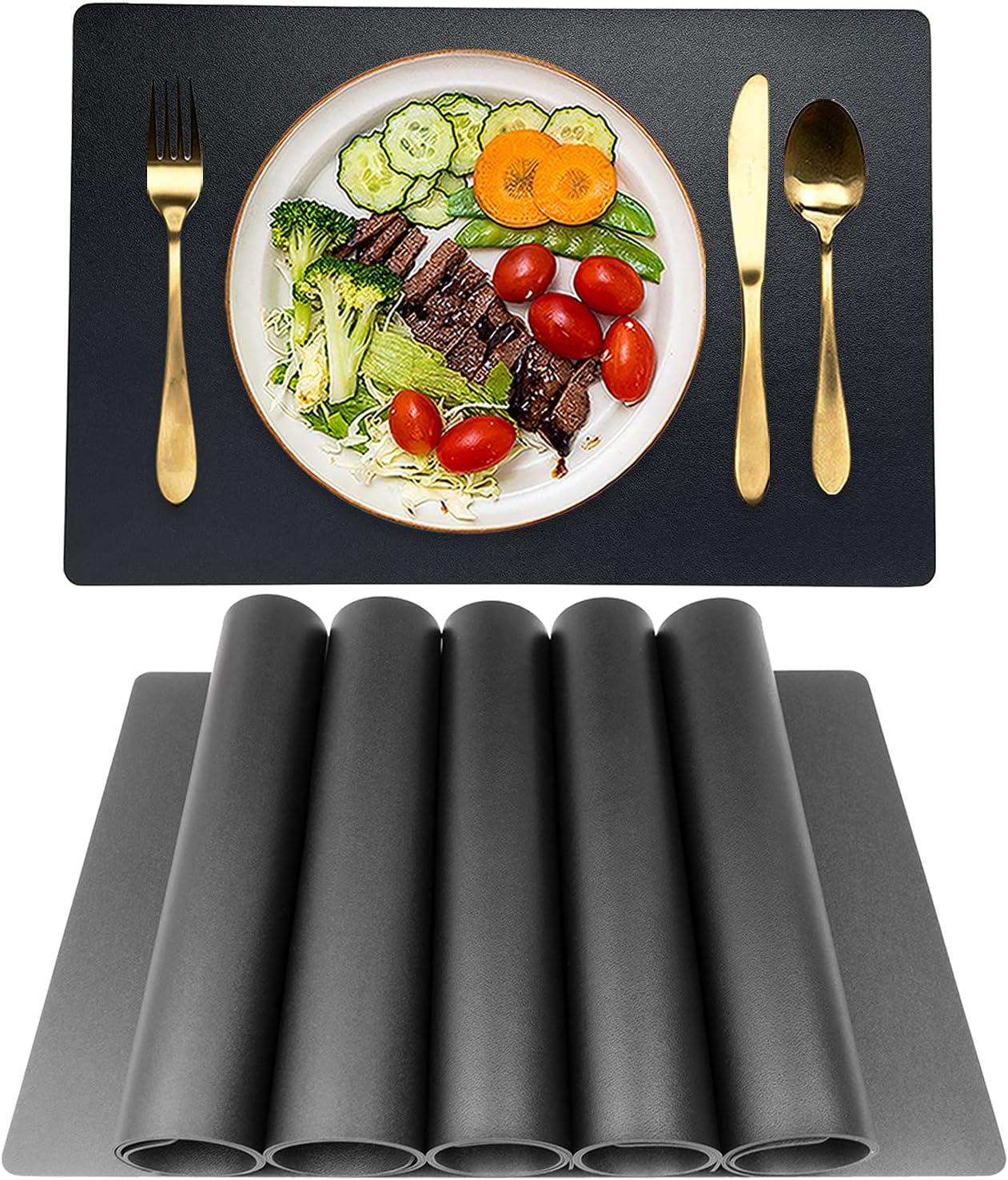 Set of 6 Placemats Leather Table Mats, Waterproof Non-slip Easy to Clean Wipeable Washable Outdoor Placemats for Kitchen Dining Table-Black