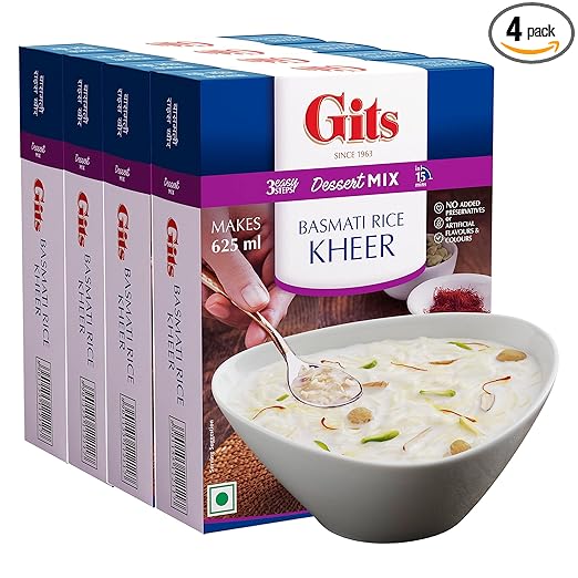Gits Instant Basmati Rice Kheer Dessert Mix, Pure Veg, Indian Sweet and Dessert Ready Mix, 400g (Pack of 4 X 100g Each)